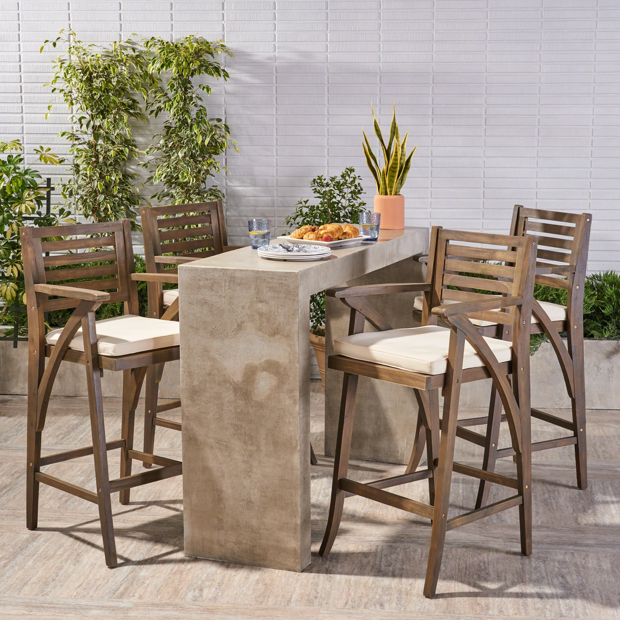 Hermosa Outdoor Acacia Wood Barstool (Set of 4), Grey with Cream Cushion - furnishings