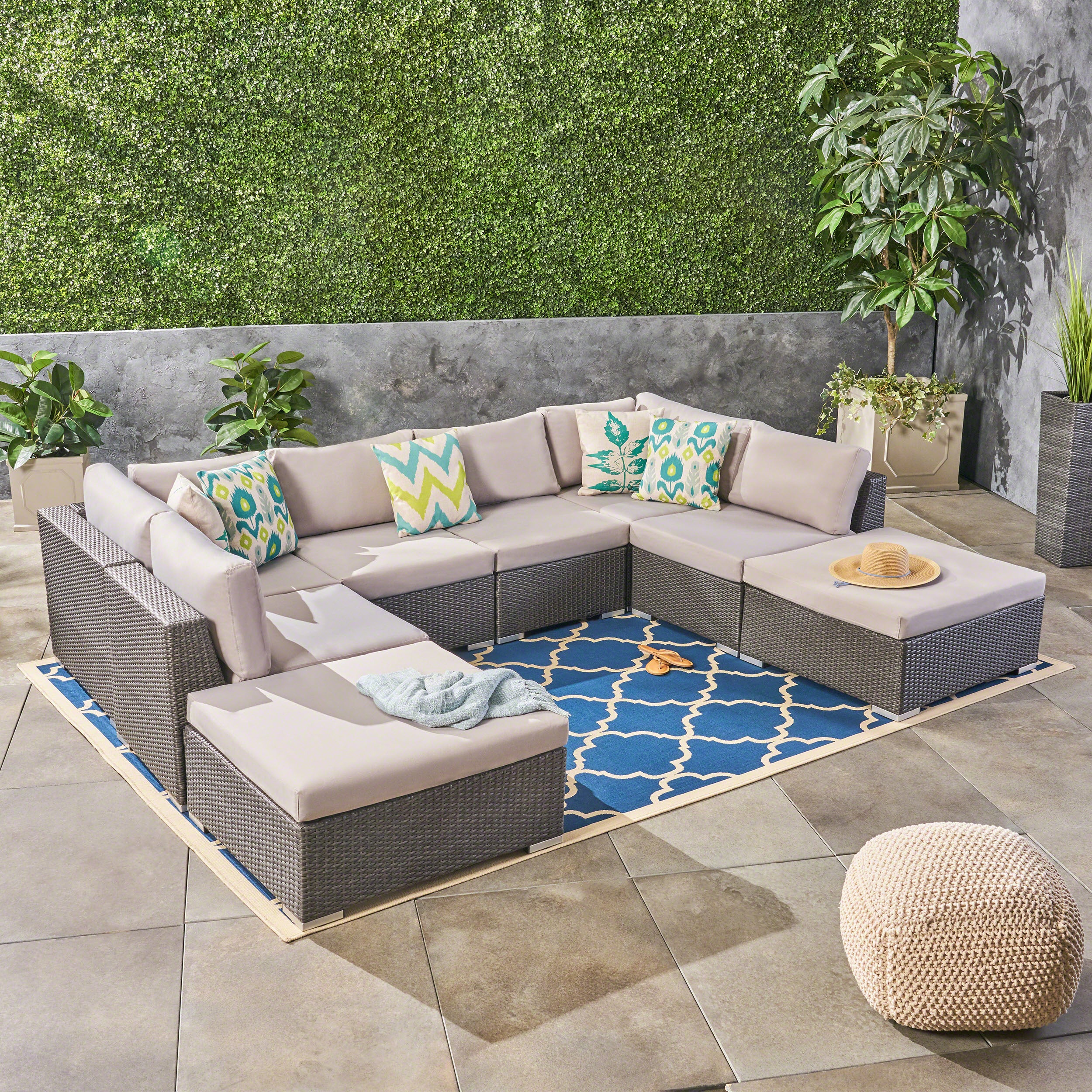 Salome Outdoor 6 Seater Wicker Sofa Set with Aluminum Frame and Cushions, Grey and Silver - furnishings