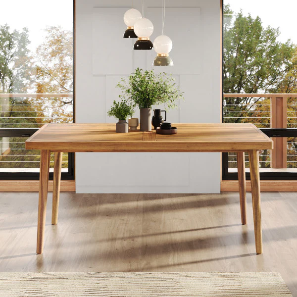 Janlish Modern Outdoor Patio Acacia Wood Dining Table with Umbrella Hole - furnishings