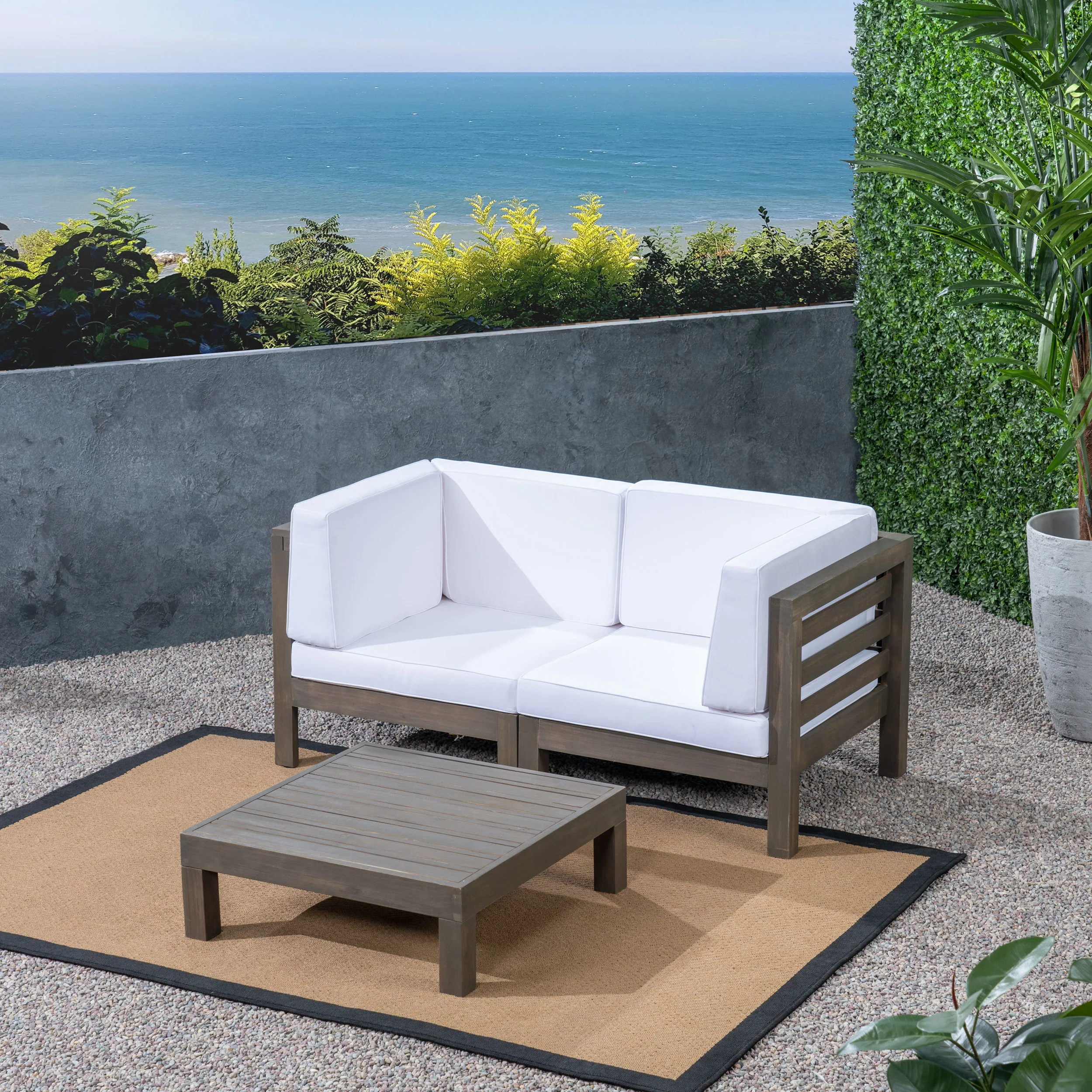 Dawson Outdoor Sectional Loveseat Set with Coffee Table - 3-Piece 2-Seater - Acacia Wood - Outdoor Cushions - furnishings