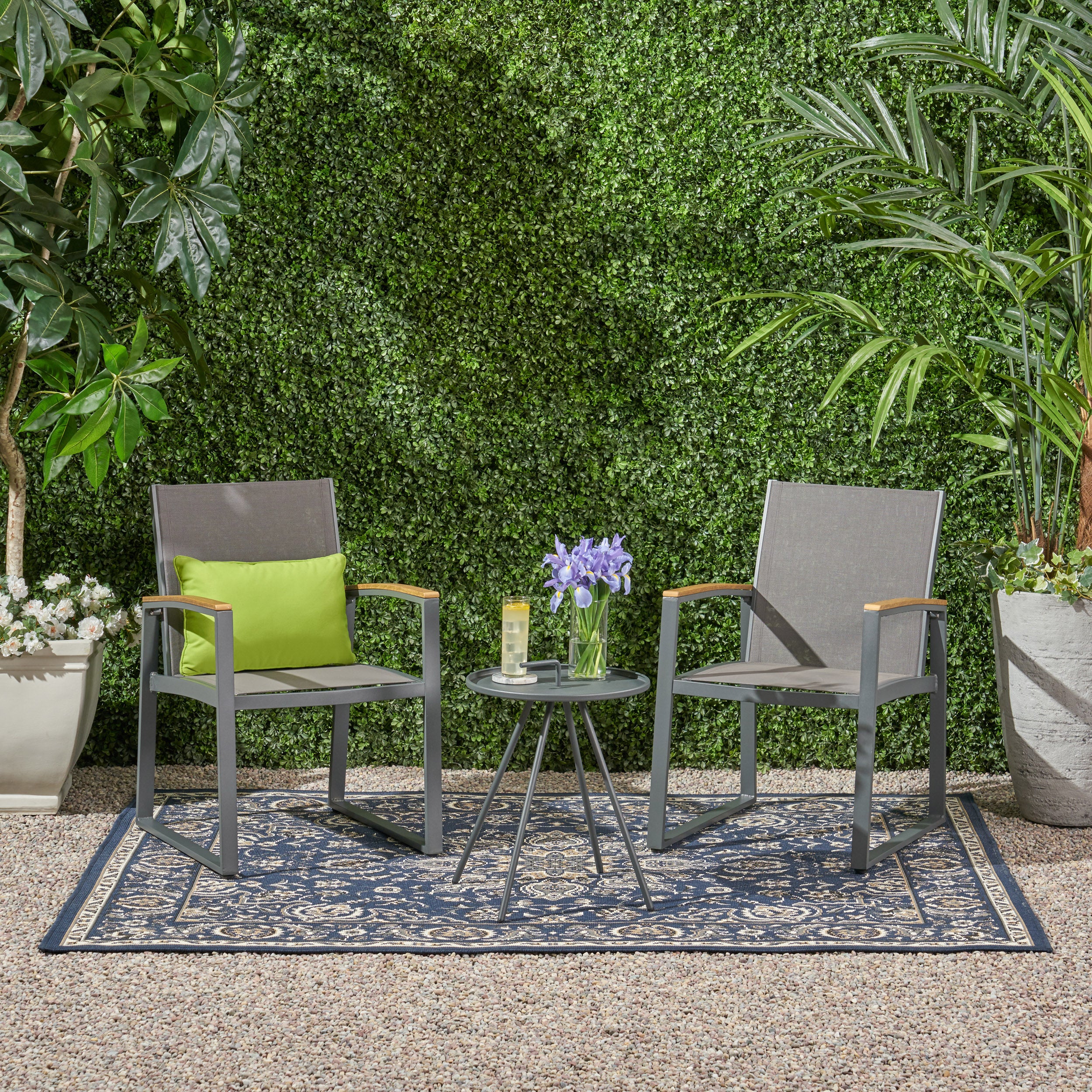 Eunice Outdoor 2 Seater Aluminum and Mesh Chat Set - furnishings