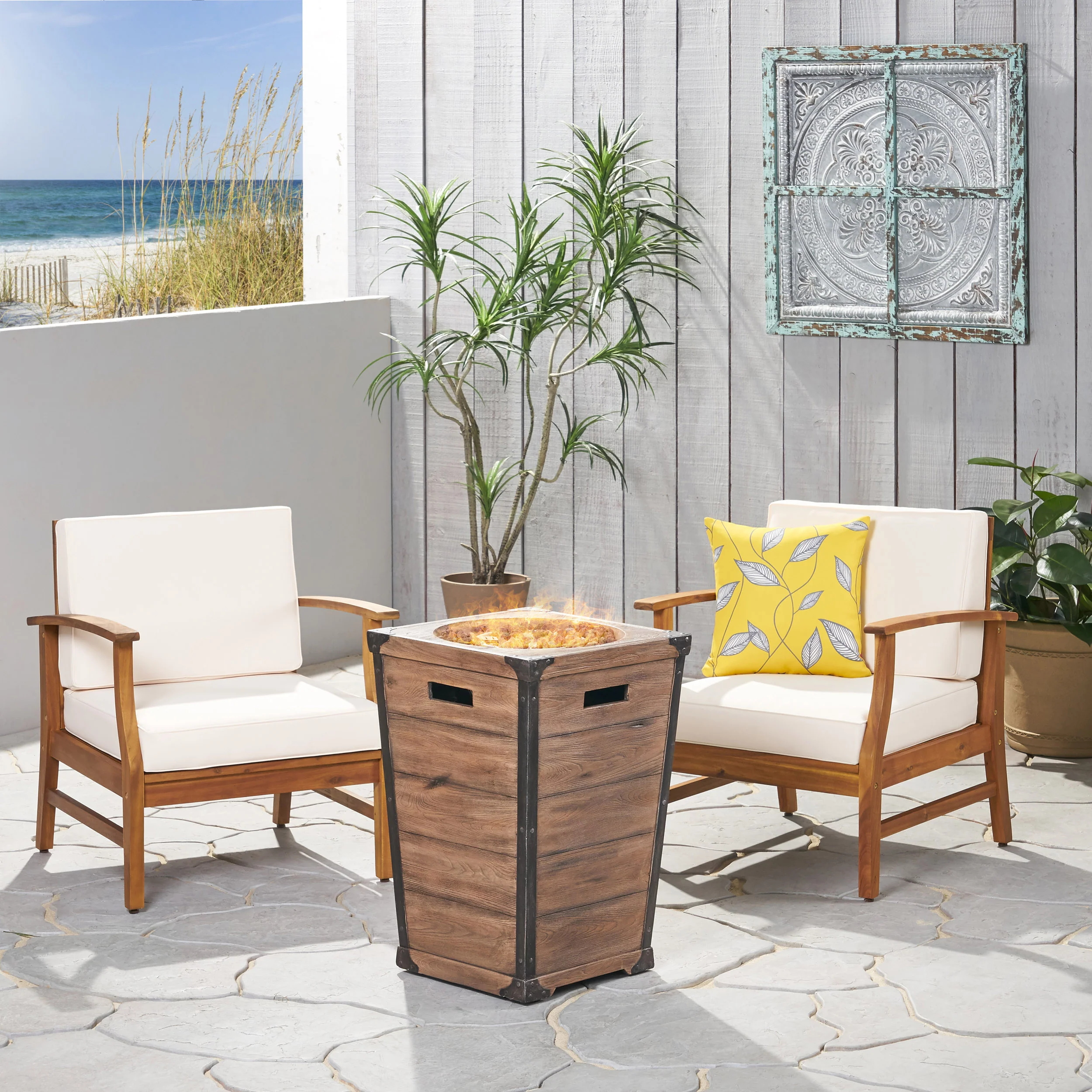 Capri Outdoor 2 Piece Acacia Wood Club Chair Set with Cushions and Fire Column - furnishings
