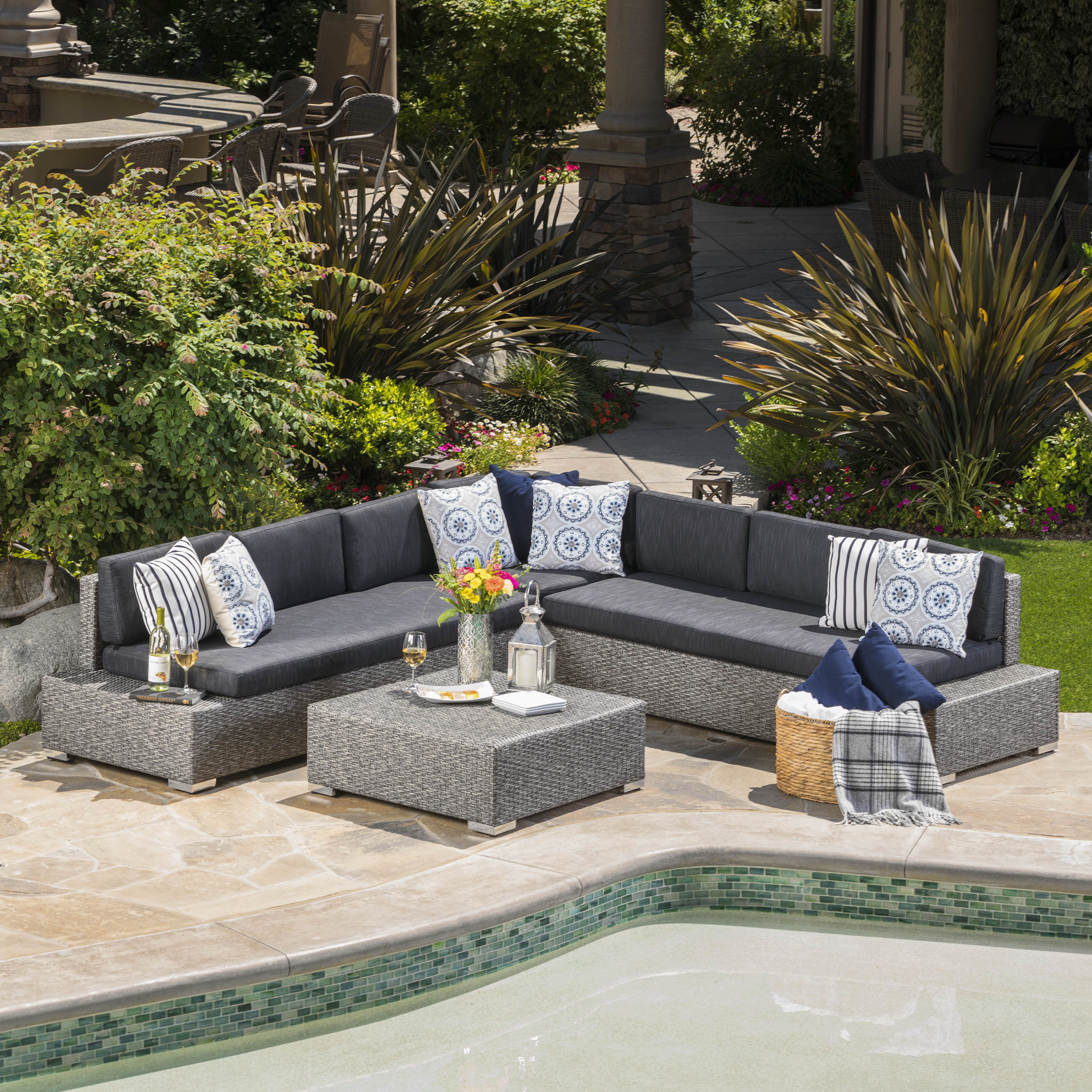 Pueblo Outdoor 7 Seat Wicker V Shaped Sectional Sofa w/ Water Resistant Cushions - furnishings