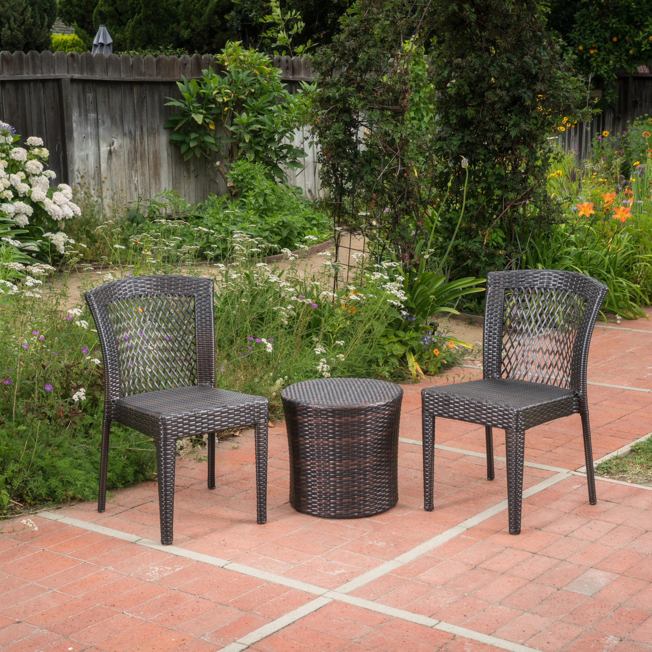 Capella Outdoor 3 Piece Multi-brown Wicker Stacking Chair Chat Set - furnishings