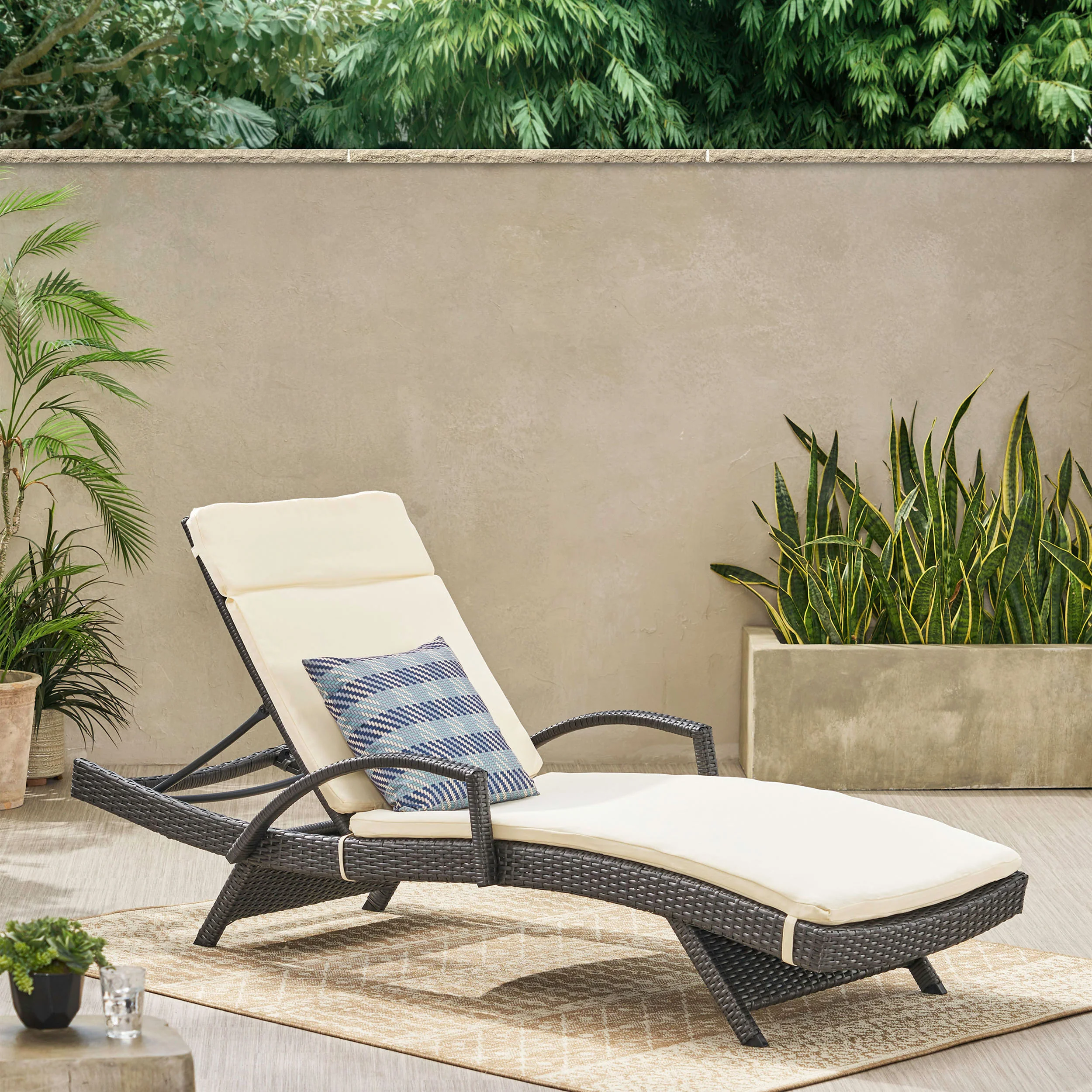 Solaris Outdoor Grey Wicker Armed Chaise Lounge w/ Water Resistant Cushion - furnishings