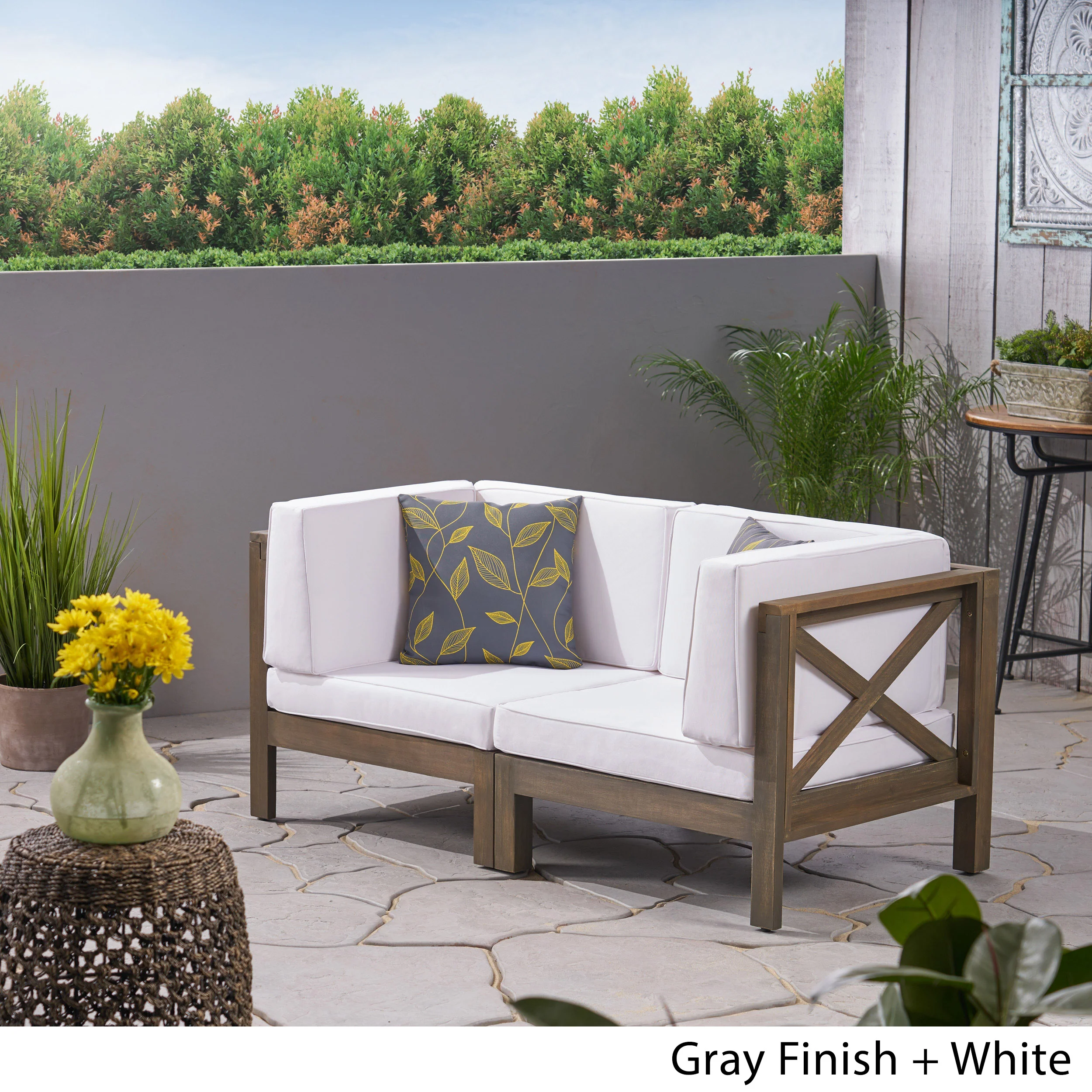 Keith Outdoor Sectional Loveseat Set  2-Seater  Acacia Wood  Water-Resistant Cushions - furnishings