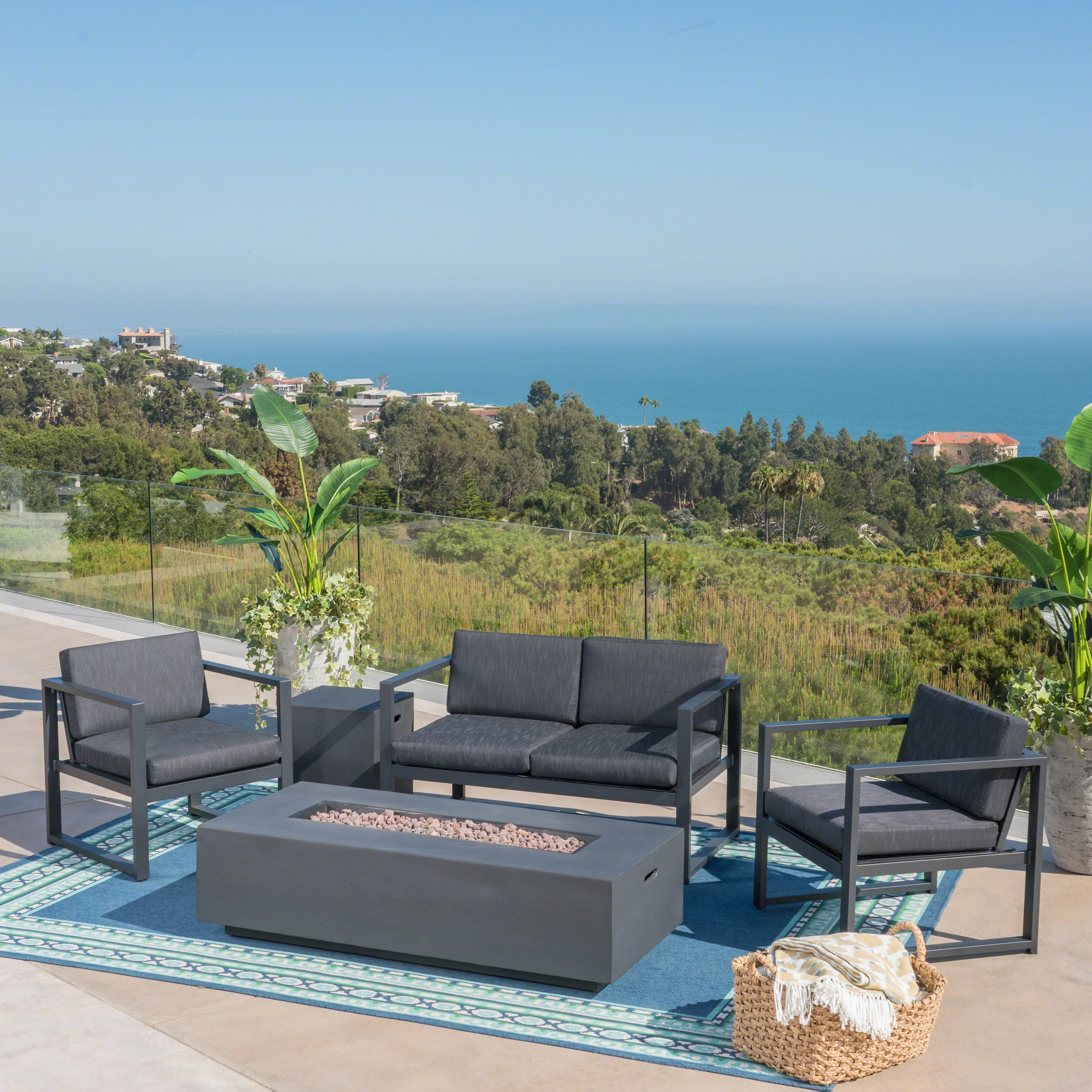Nealie Outdoor 4-Seater Aluminum Chat Set with Fire Pit and Tank Holder - furnishings