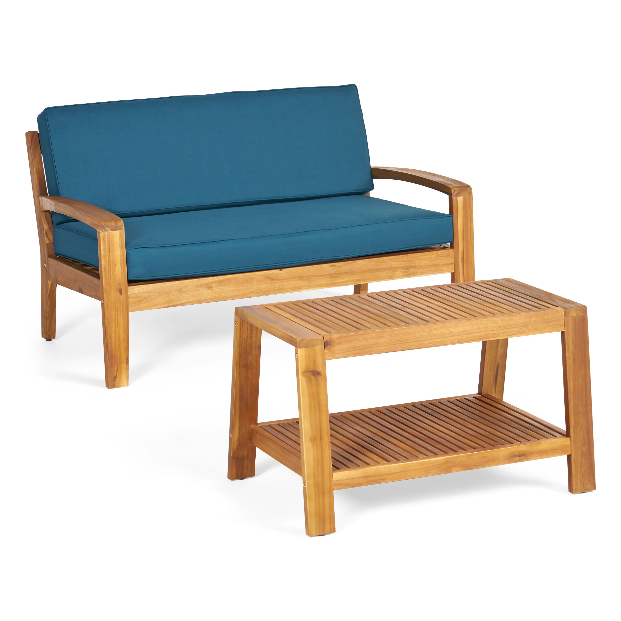 Parma Outdoor Acacia Wood Loveseat and Coffee Table Set with Cushions - furnishings
