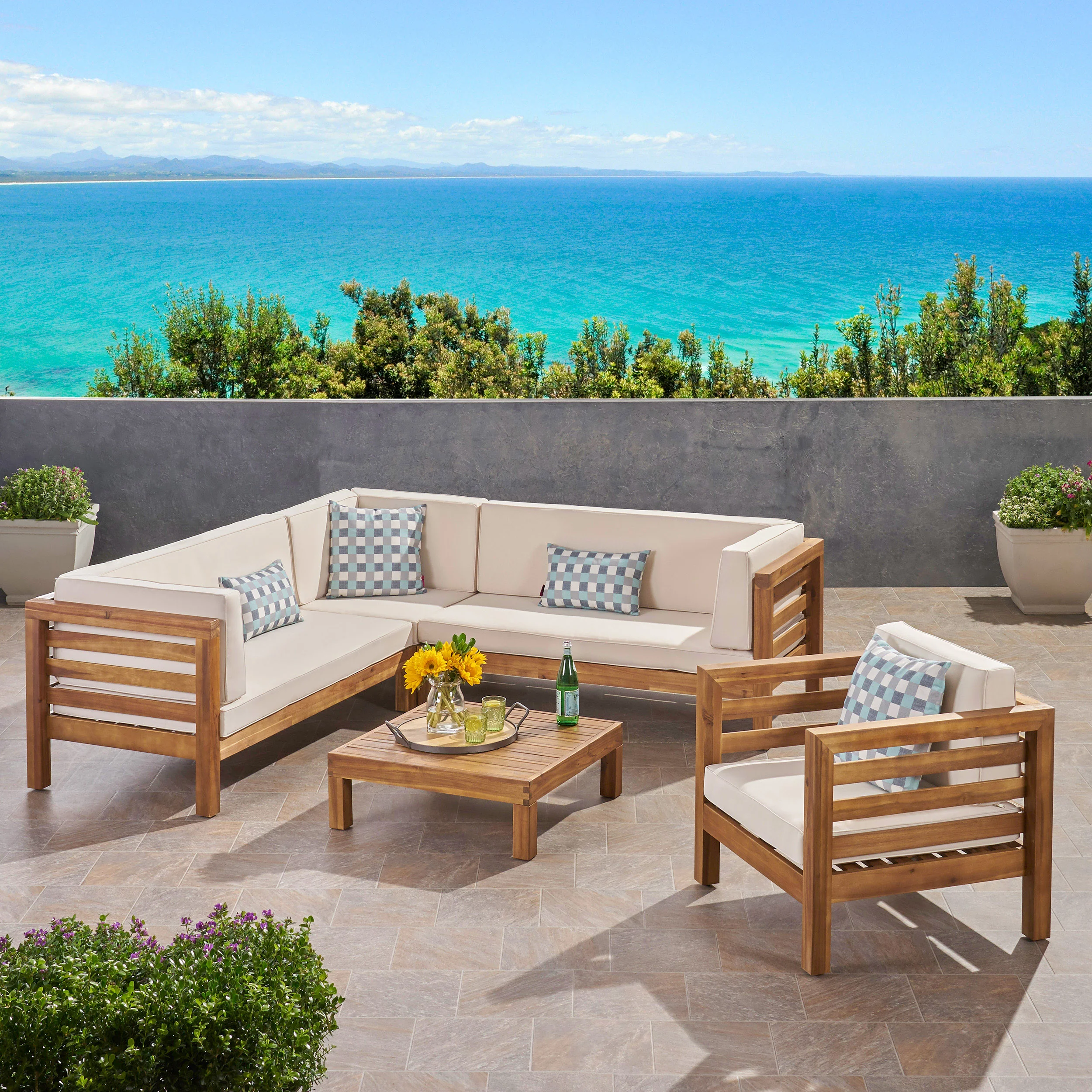 Emma Outdoor 6 Seater Acacia Wood Sectional Sofa and Club Chair Set - furnishings
