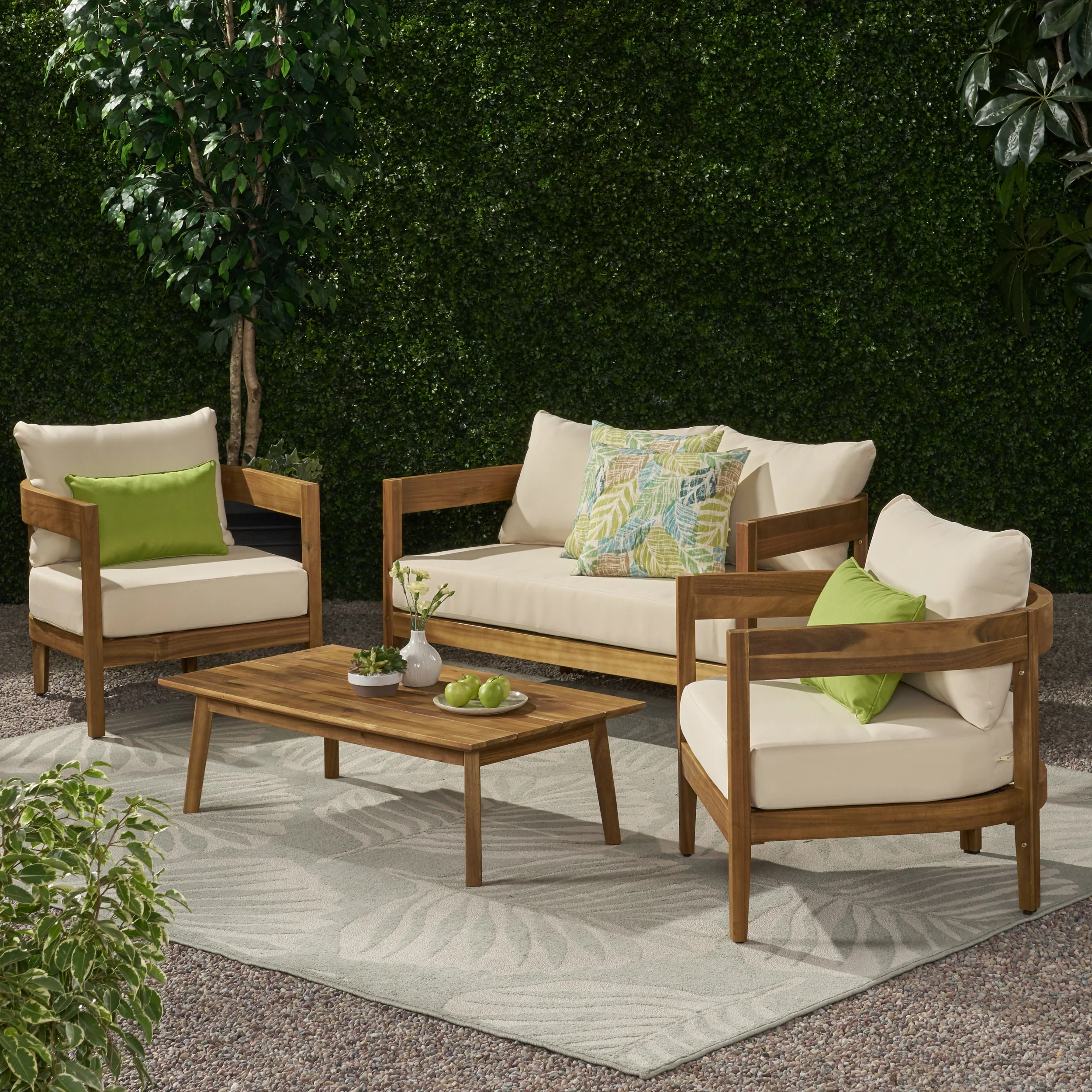 Burrough Outdoor Acacia Wood 4 Seater Chat Set with Cushions - furnishings