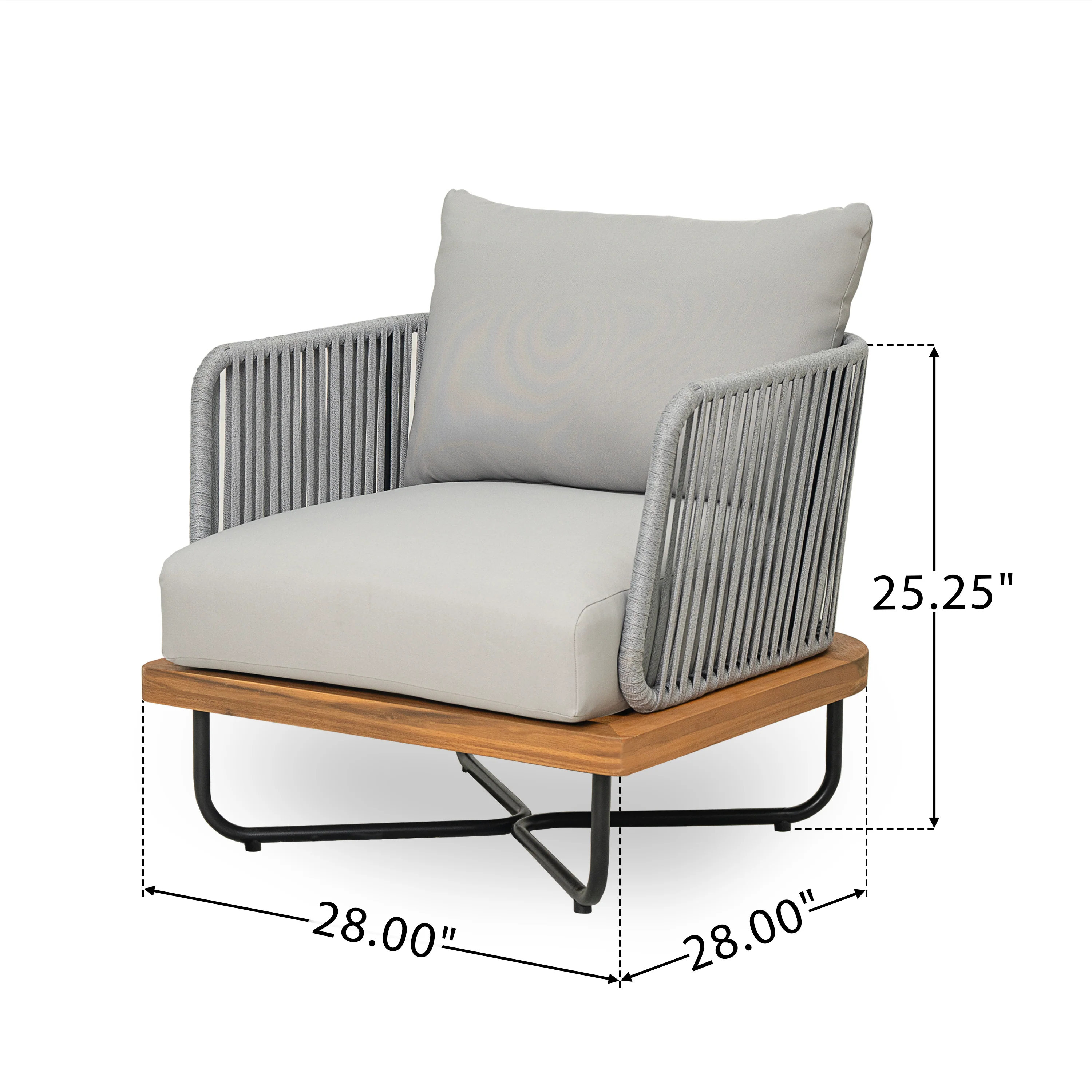 Caiuss Upholstered Outdoor Patio Acacia Wood Club Chair with Iron Base - furnishings