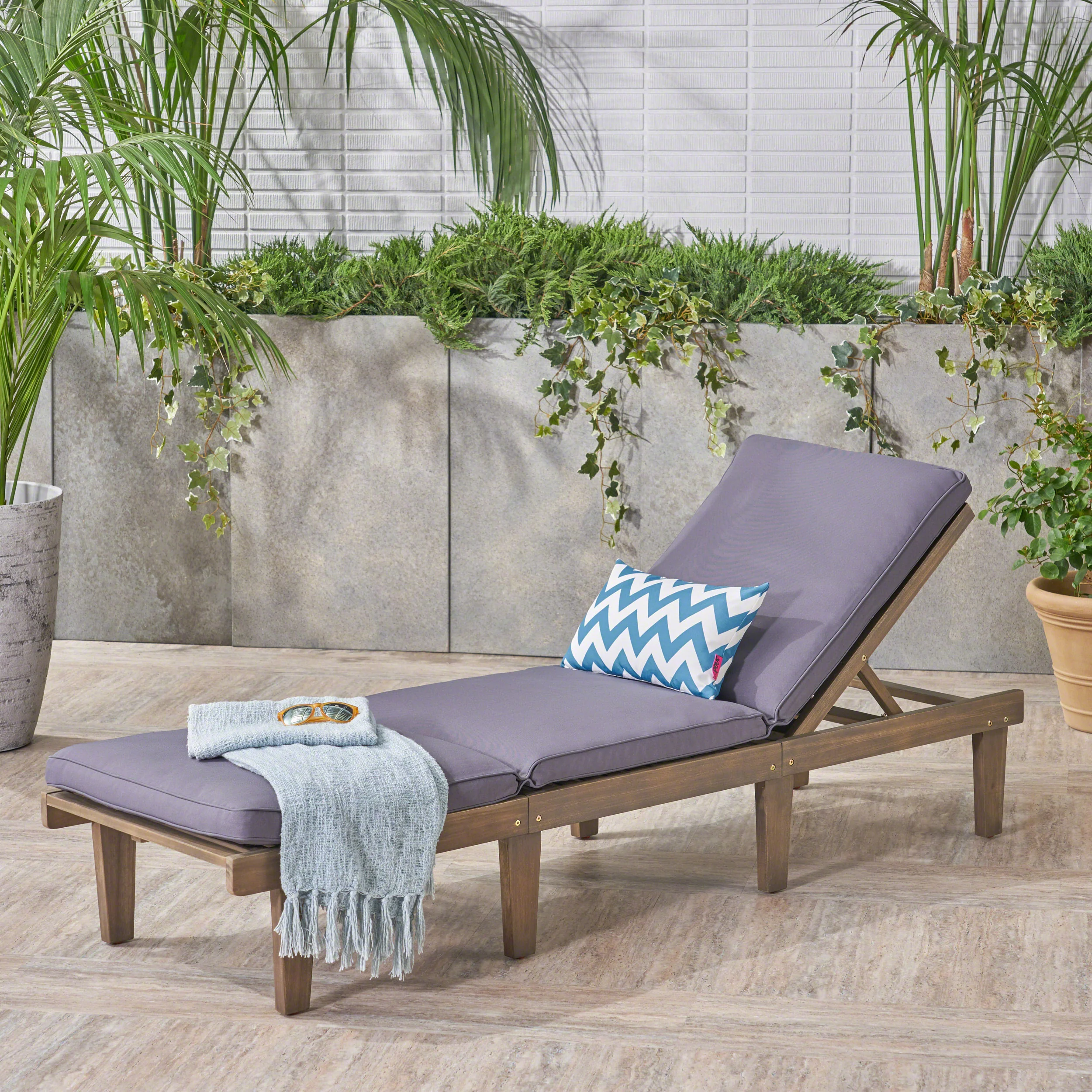 Alisa Outdoor Acacia Wood Chaise Lounge with Cushion, Gray and Dark Gray - furnishings