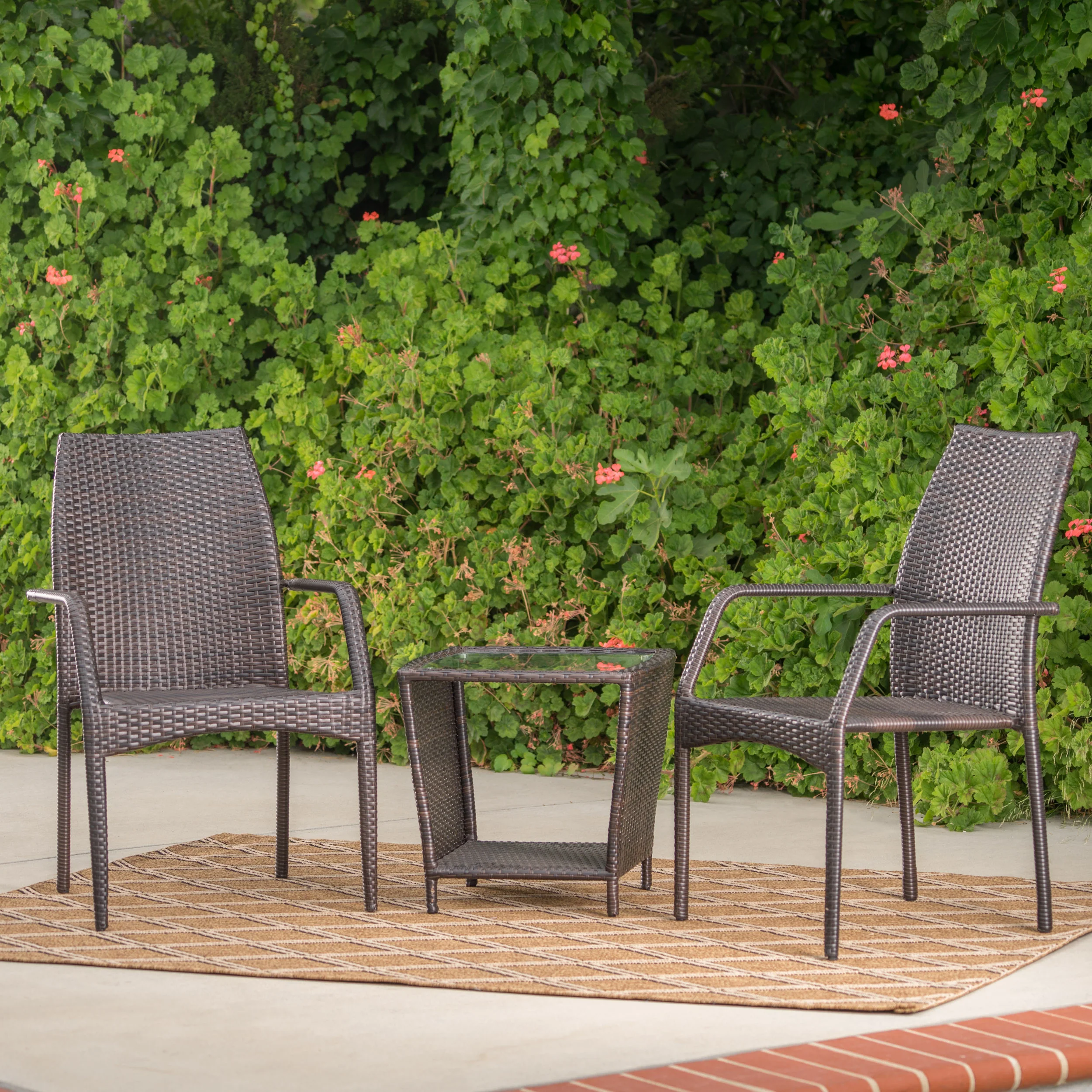 Dawson Outdoor 3 Piece Multi-brown Wicker Stacking Chair Chat Set - furnishings