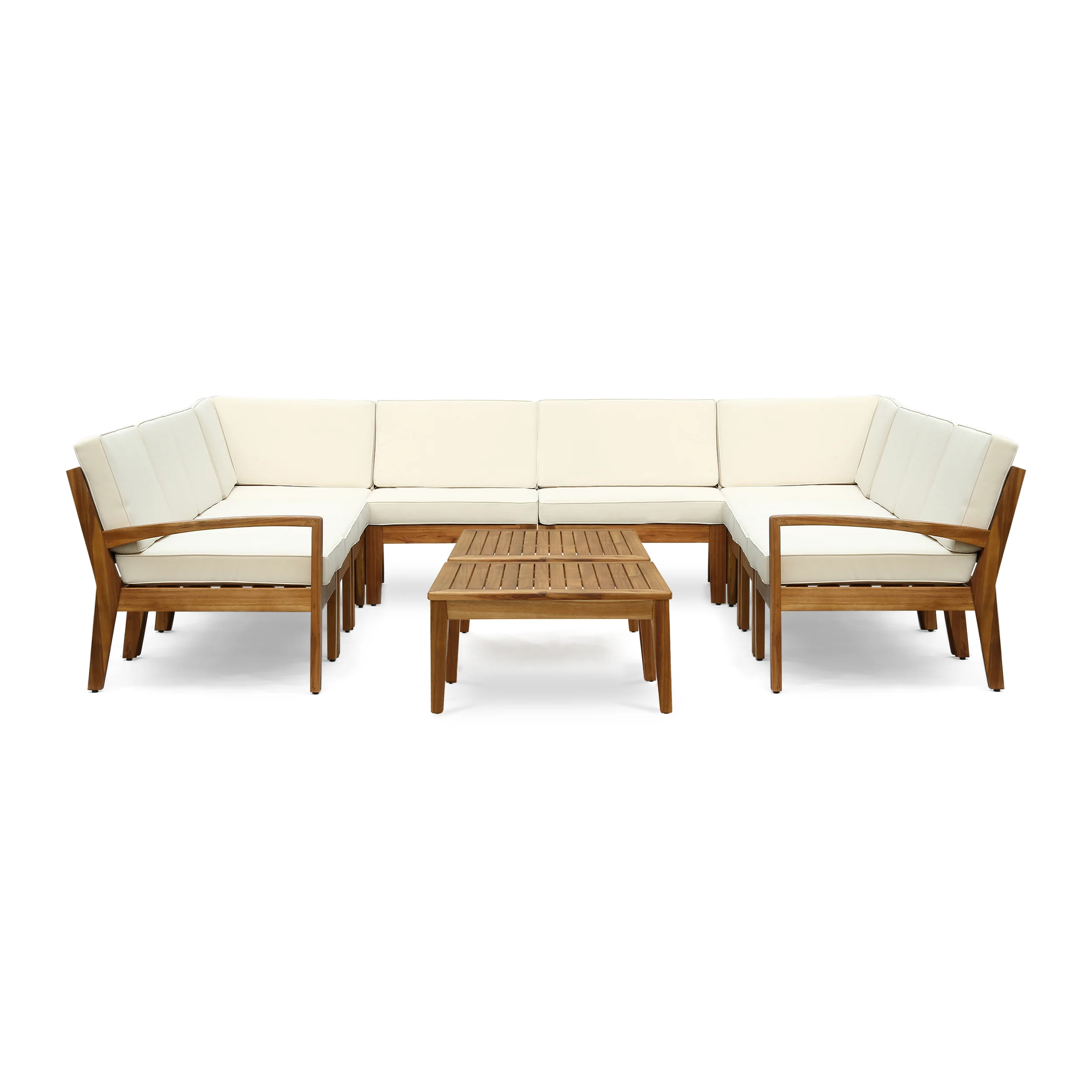 Ray Outdoor Acacia Wood 10 Seater Sectional Sofa Set with Two Coffee Tables - furnishings