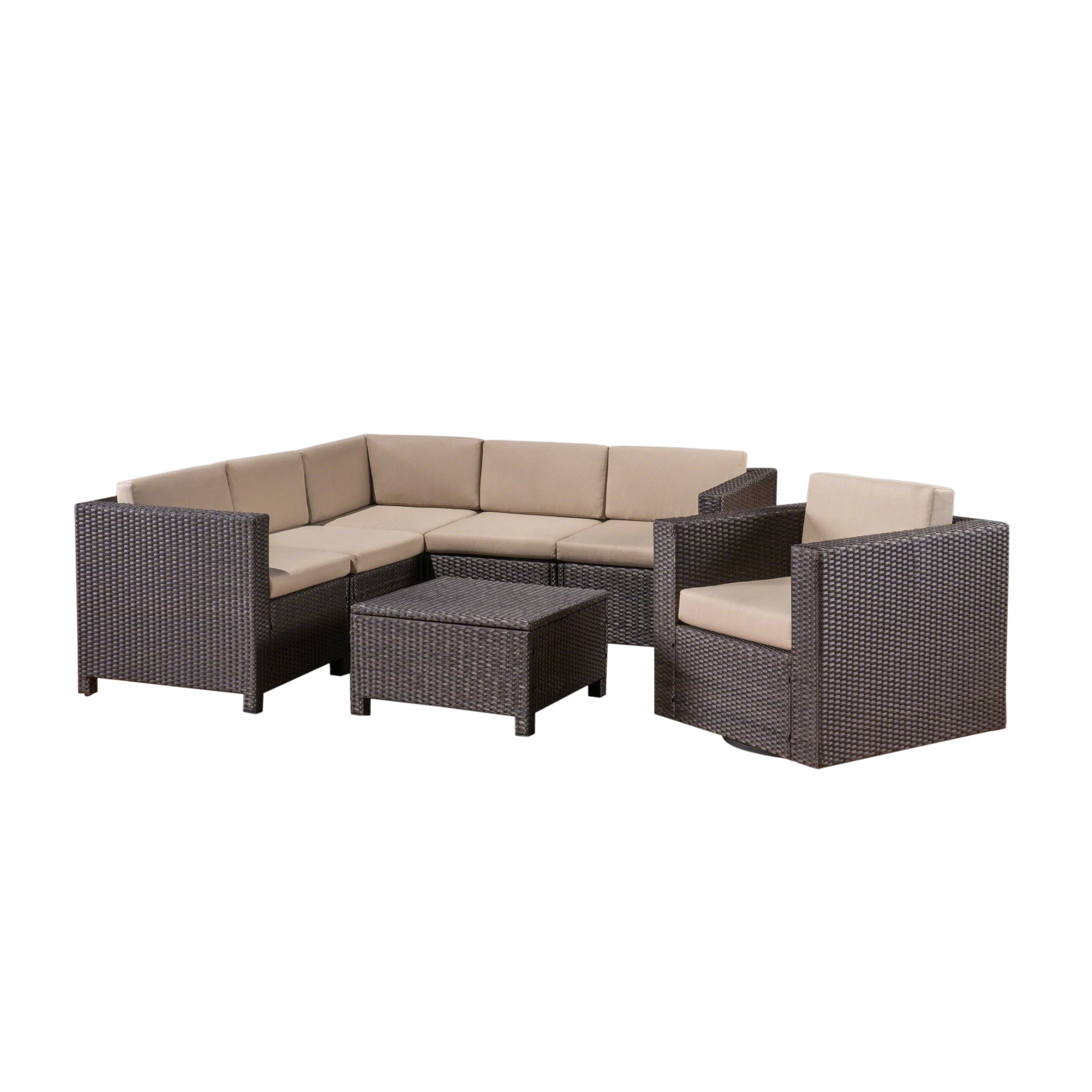Phillips Outdoor 6 Seater Wicker V-Shaped Sofa and Swivel Chair Set with Water Resistant Cushions - furnishings