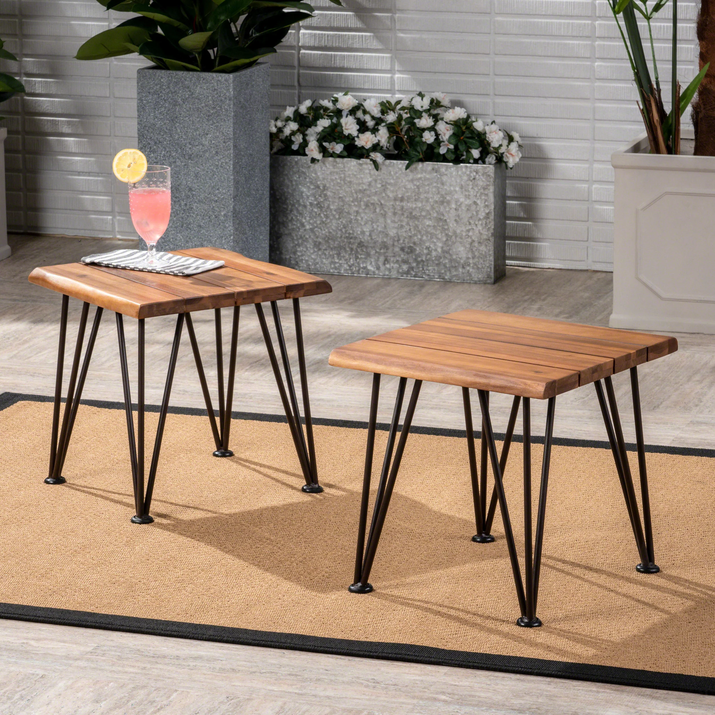 Avy Outdoor Rustic Industrial Acacia Wood Accent Table with Metal Hairpin Legs, Teak - furnishings