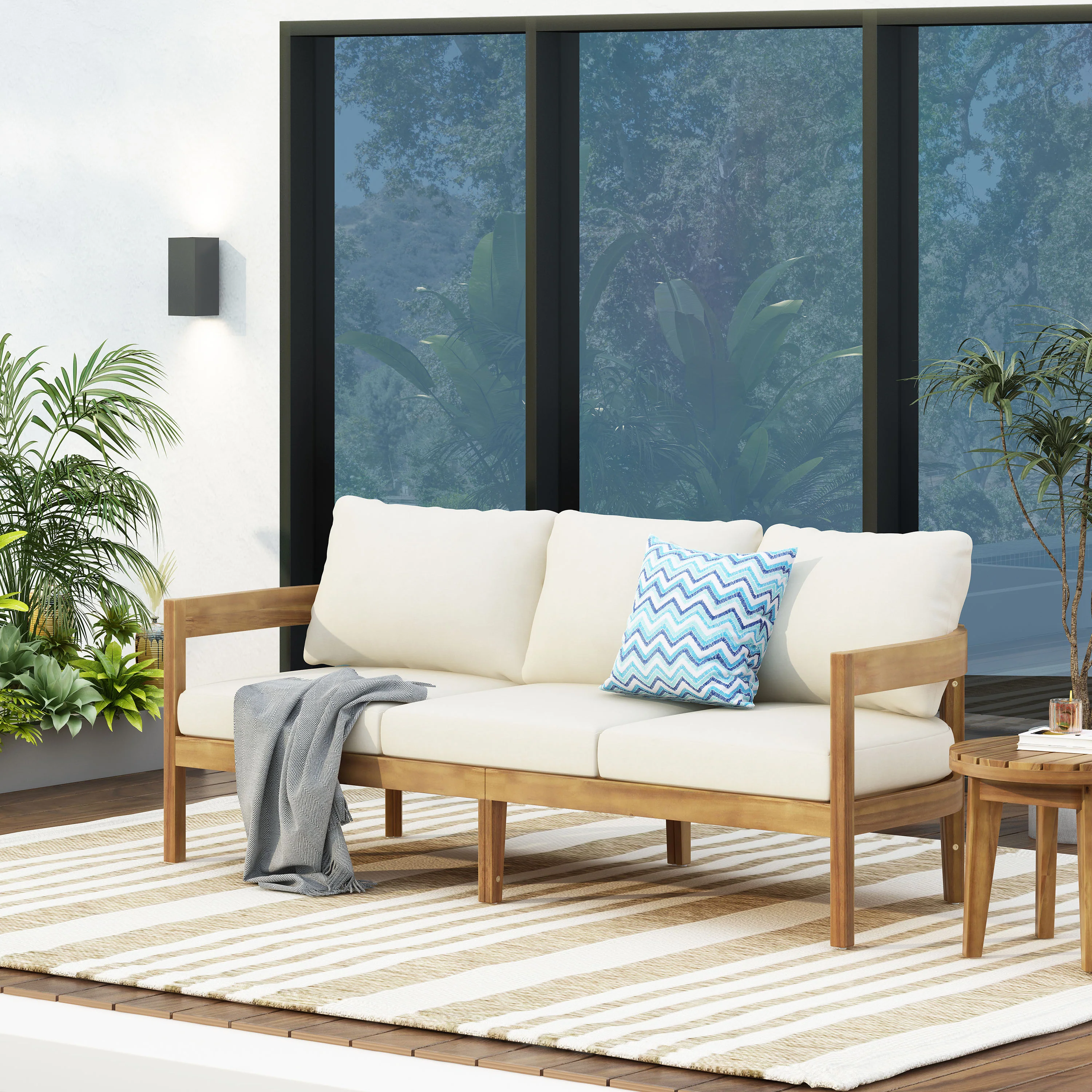 Brooklyn Outdoor Acacia Wood 3 Seater Sofa with Cushions, Teak and Beige - furnishings