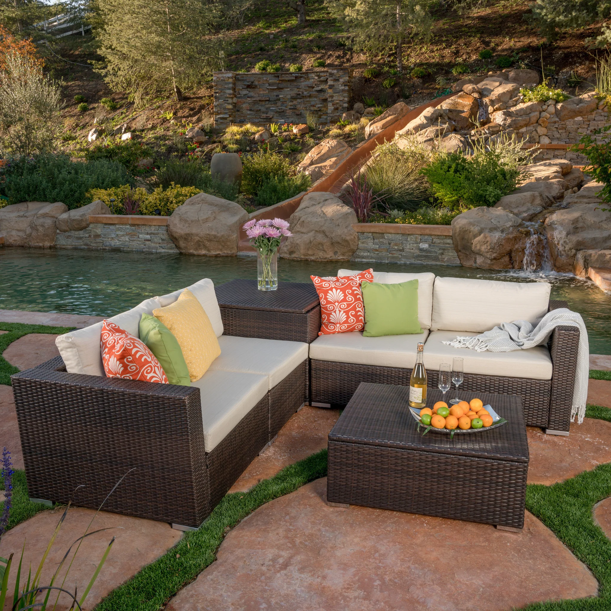 Francisco 6pc Outdoor Wicker Sectional Sofa Set w/ Cushions - furnishings