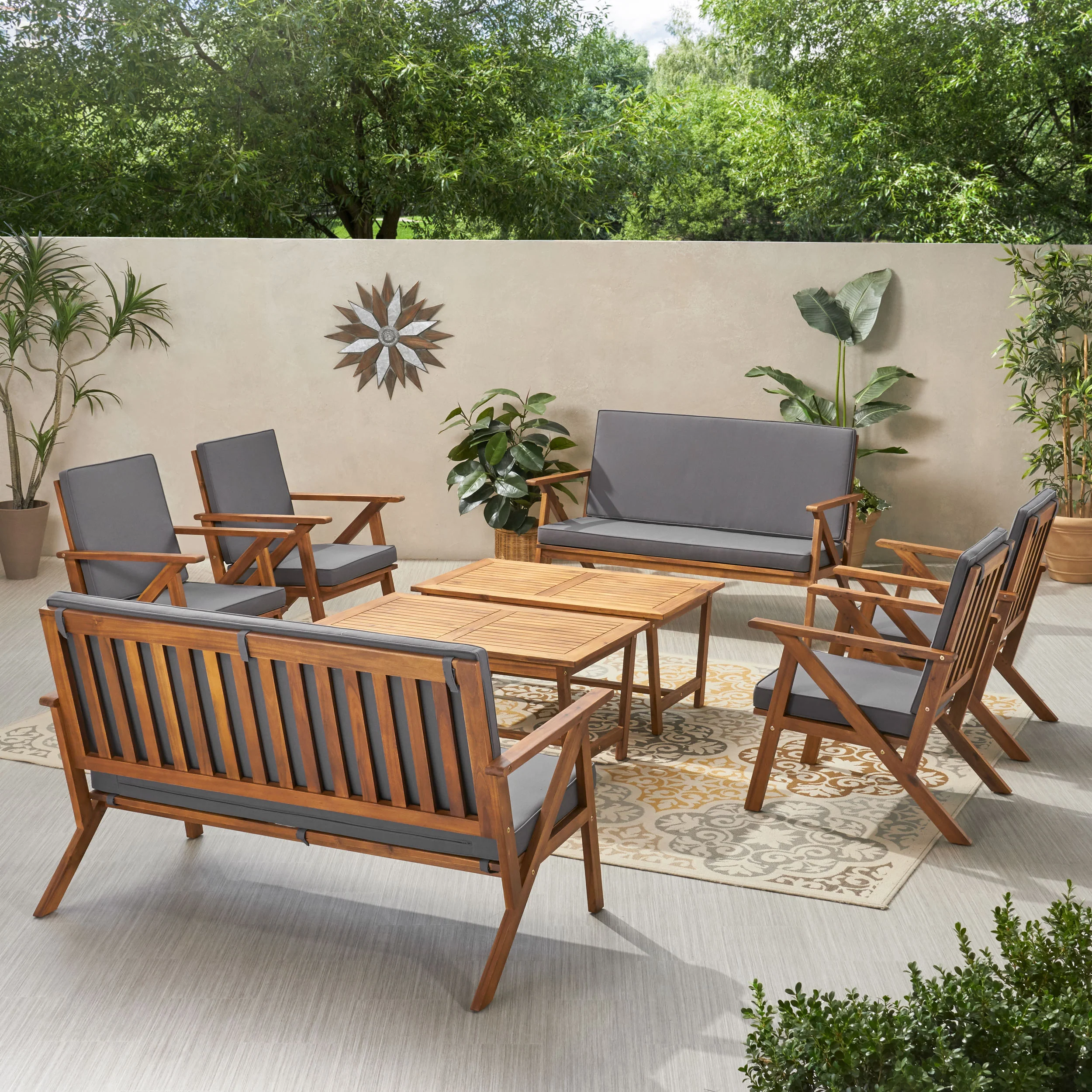 Manarola Outdoor 8 Seater Acacia Wood Chat Set with Coffee Table - furnishings