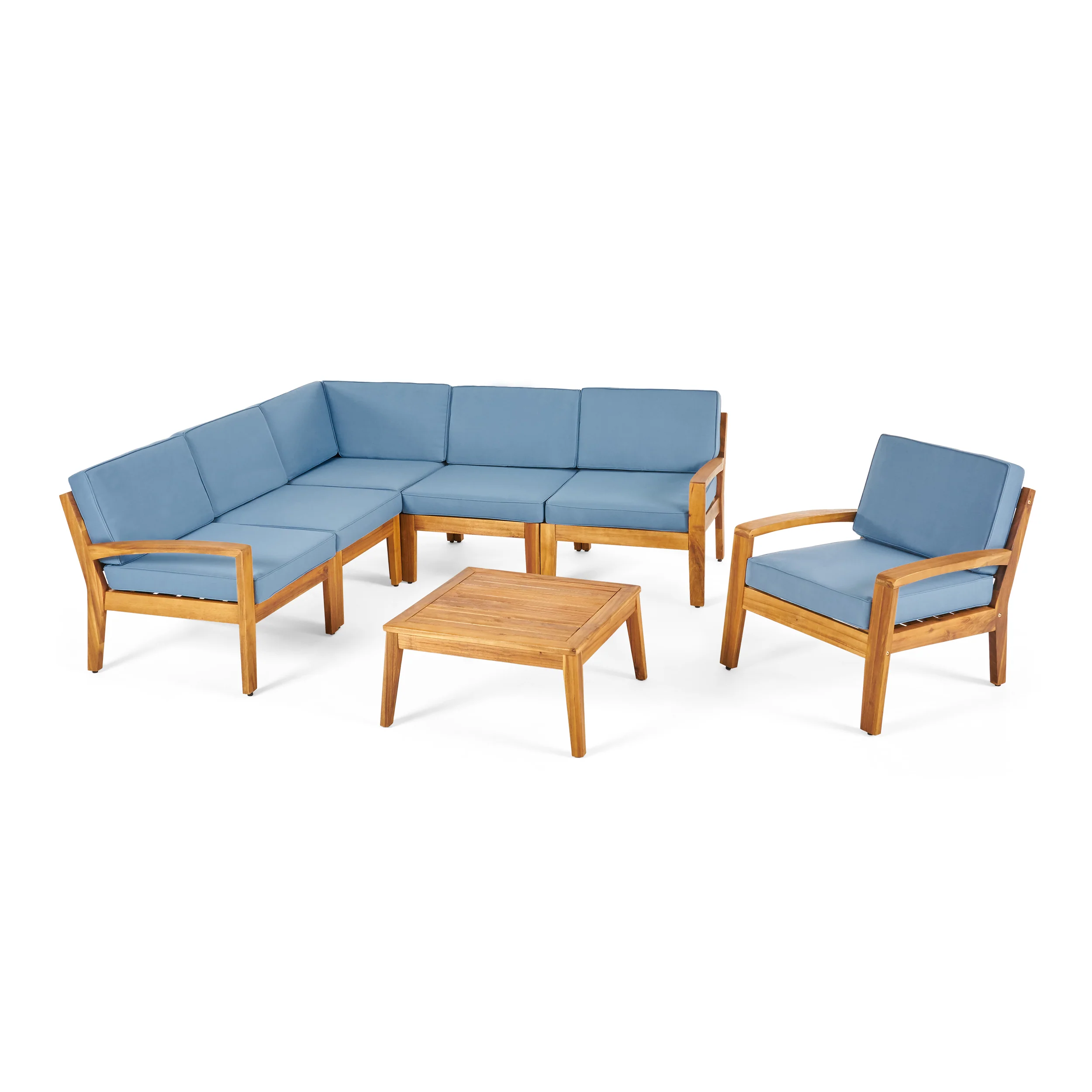 Giselle Outdoor Acacia Wood 6 Seater Sectional Sofa and Club Chair Set with Coffee Table - furnishings