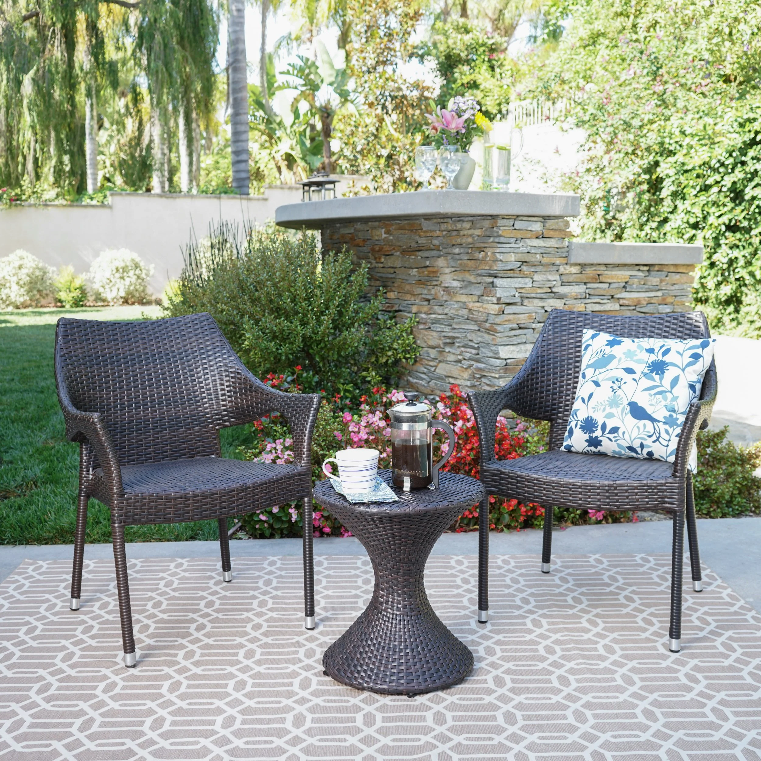 Axelrod Outdoor 3 Piece Multi-Brown Wicker Chat Set with Stacking Chairs - furnishings