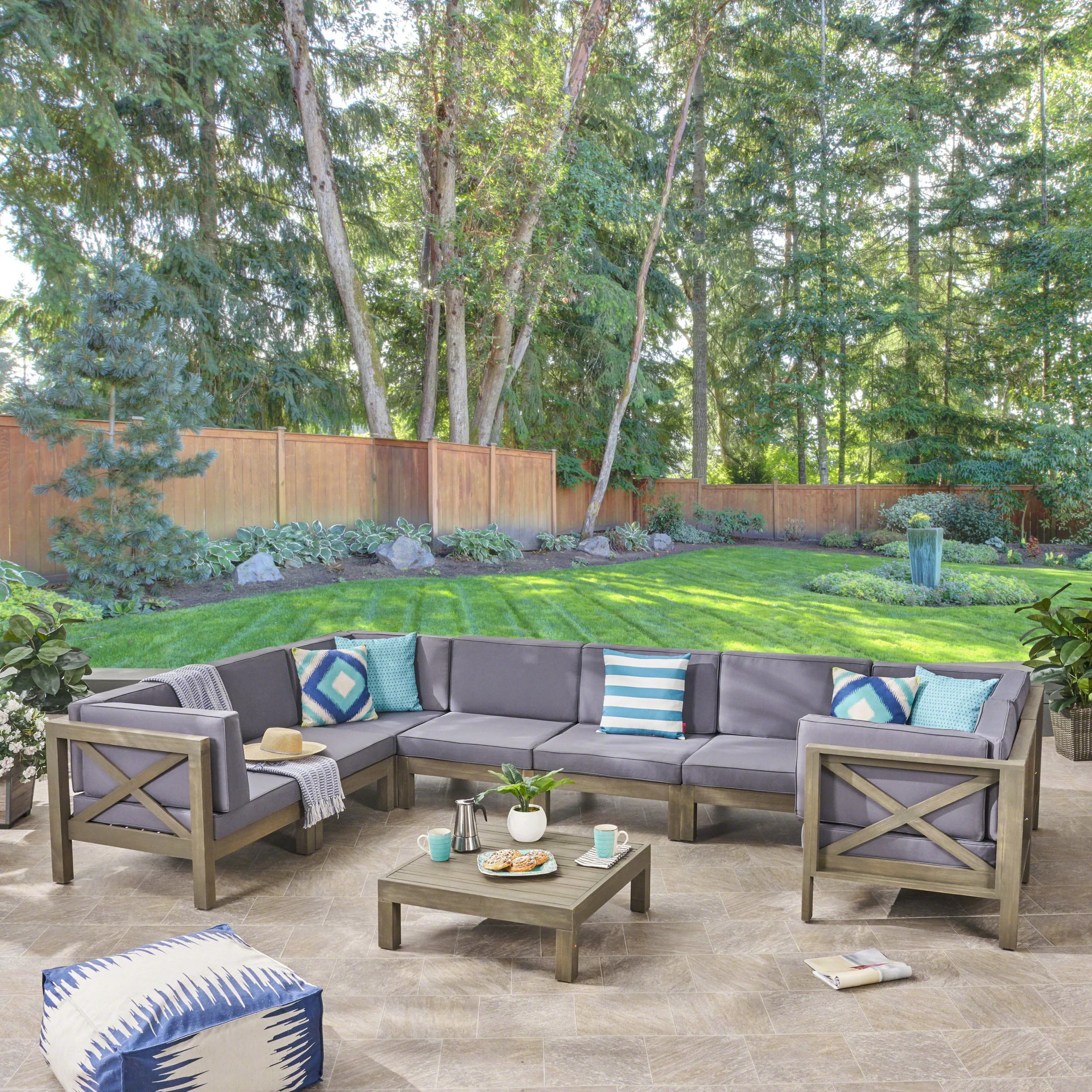 Keith Outdoor Acacia Wood 8 Seater U-Shaped Sectional Sofa Set with Coffee Table - furnishings