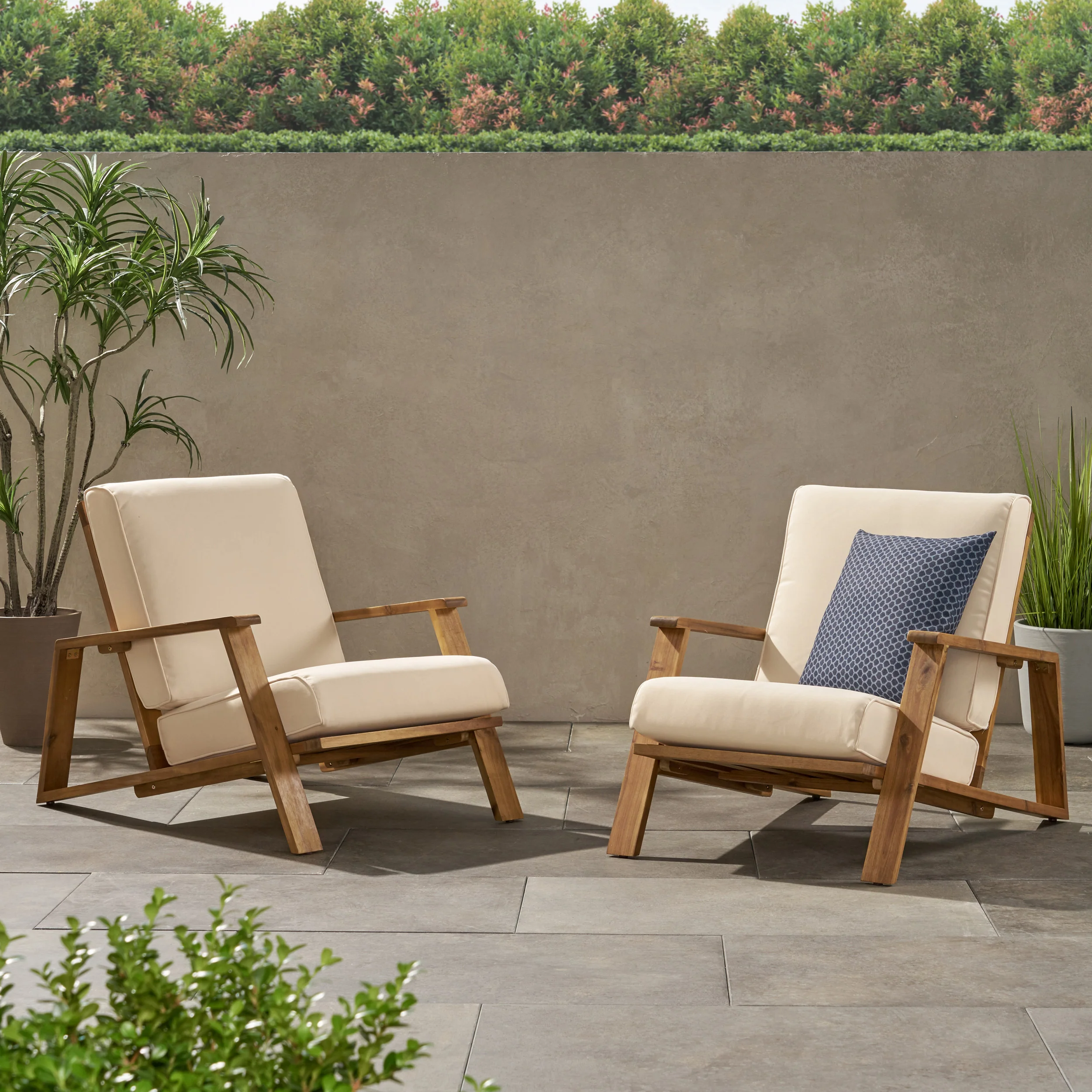 Youssef Outdoor Acacia Wood Club Chairs with Cushions (Set of 2) - furnishings