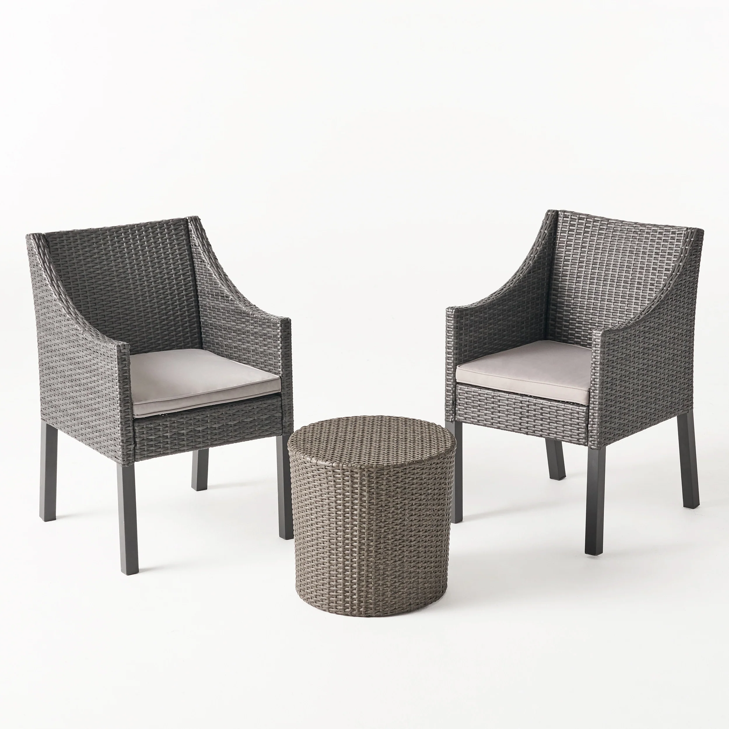 Sims Outdoor 3 Piece Wicker Chat Set, Grey with Silver Cushions - furnishings