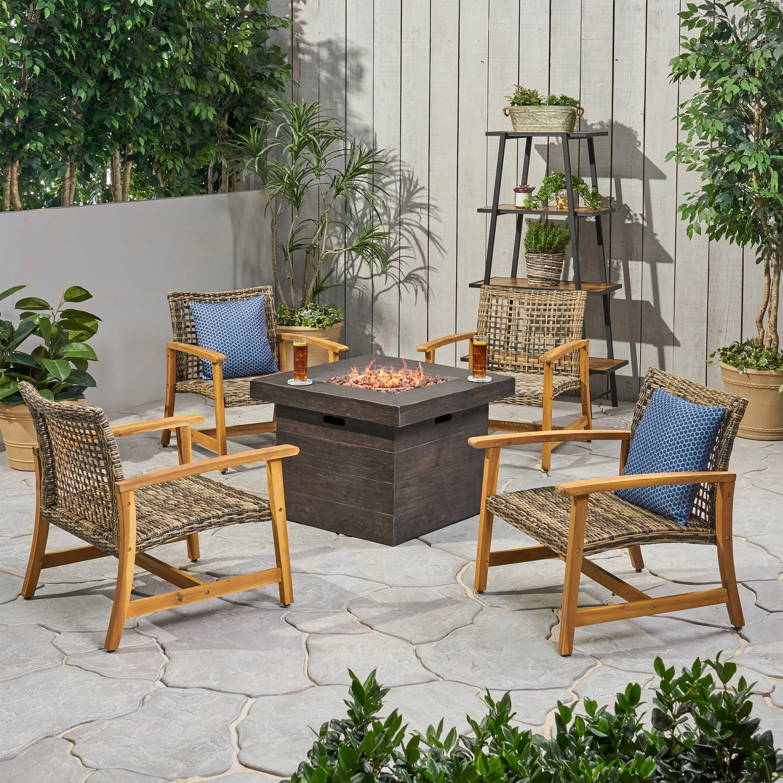 Rachel Outdoor 5 Piece Wood and Wicker Club Chairs and Fire Pit Set - furnishings
