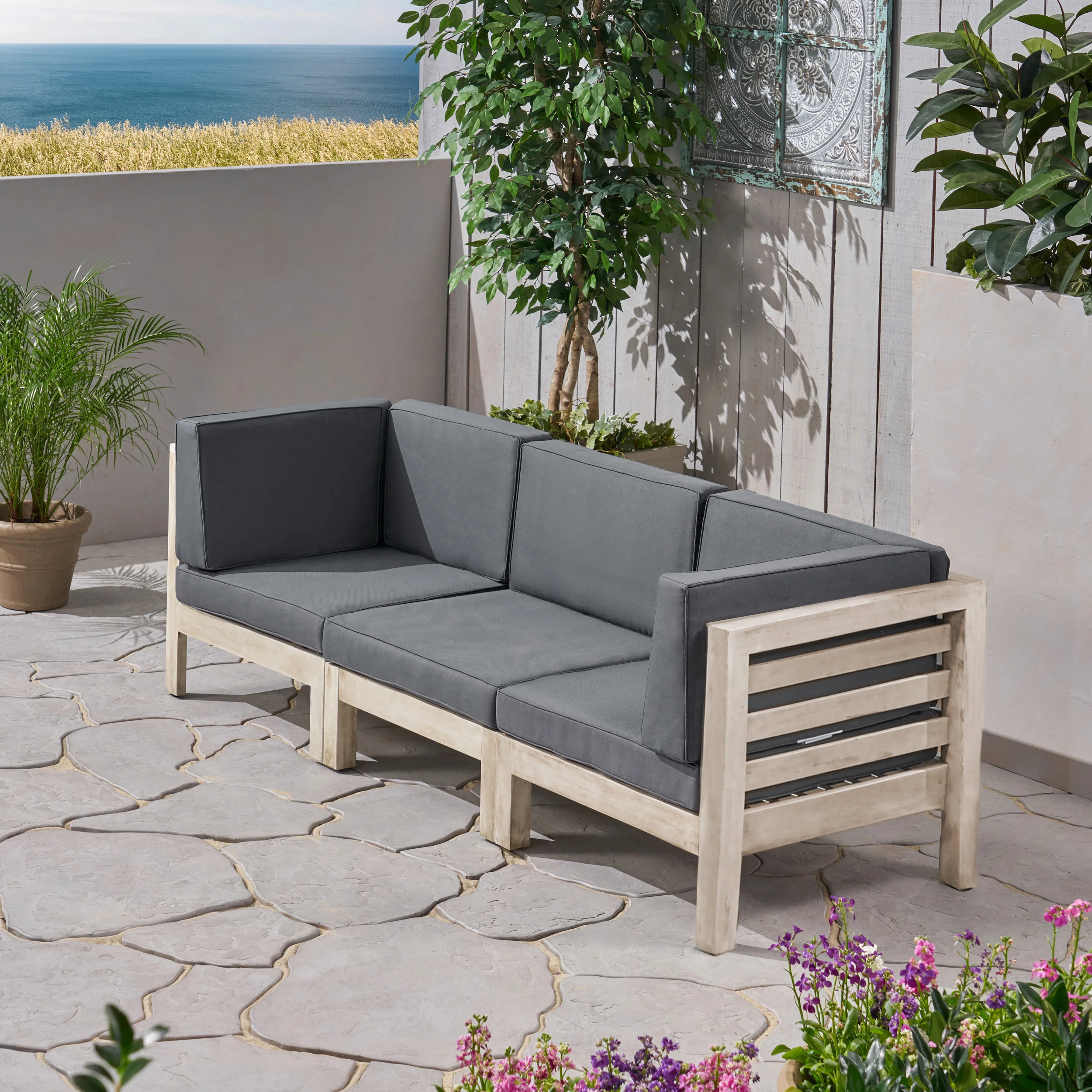 Dawson Outdoor Sectional Sofa Set - 3-Seater - Acacia Wood - Outdoor Cushions - furnishings