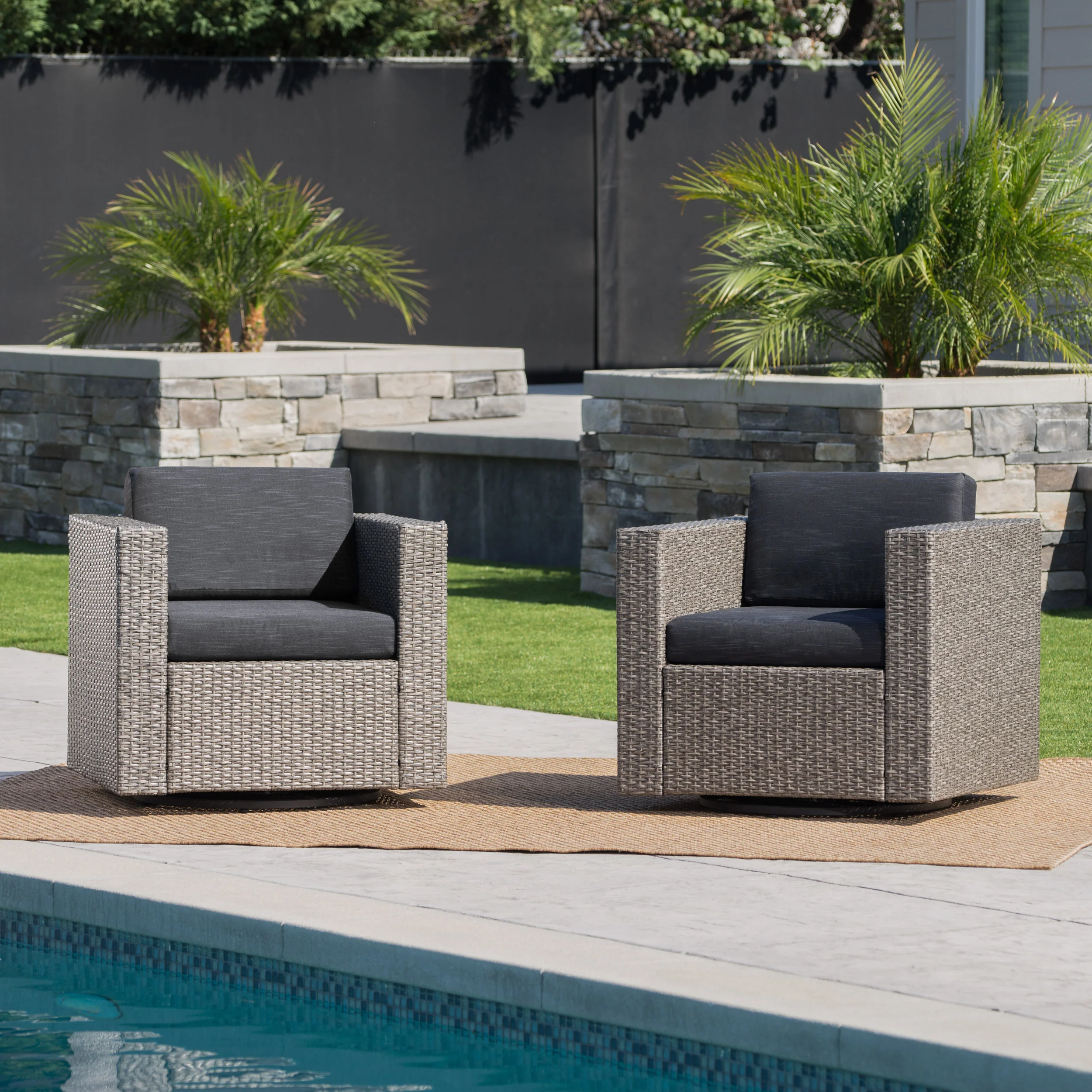 Venice Outdoor Wicker Swivel Club Chairs with Cushions, Set of 2 - furnishings
