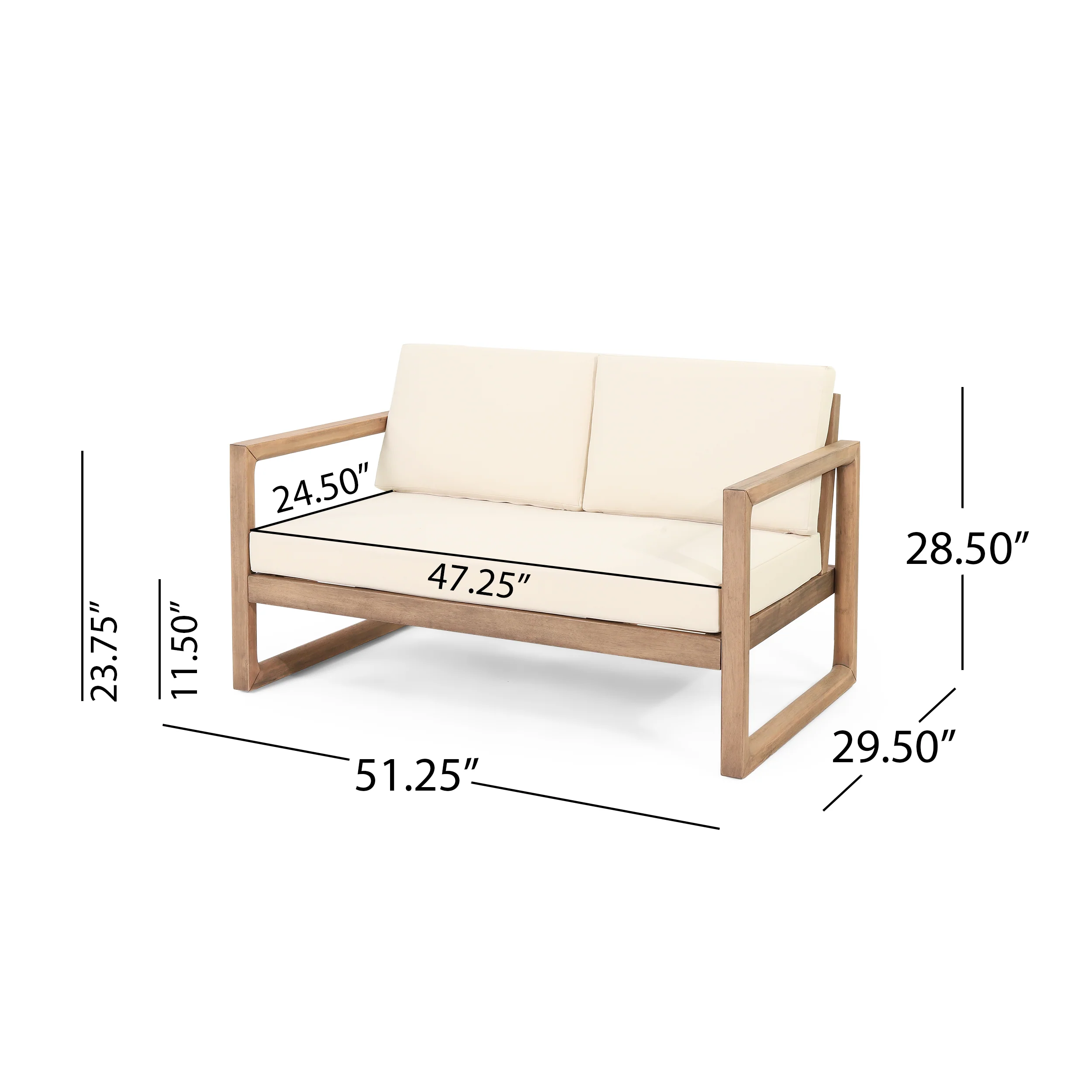 Petteti Outdoor Acacia Wood Loveseat and Coffee Table Set with Cushions, Brown Wash, Beige - furnishings