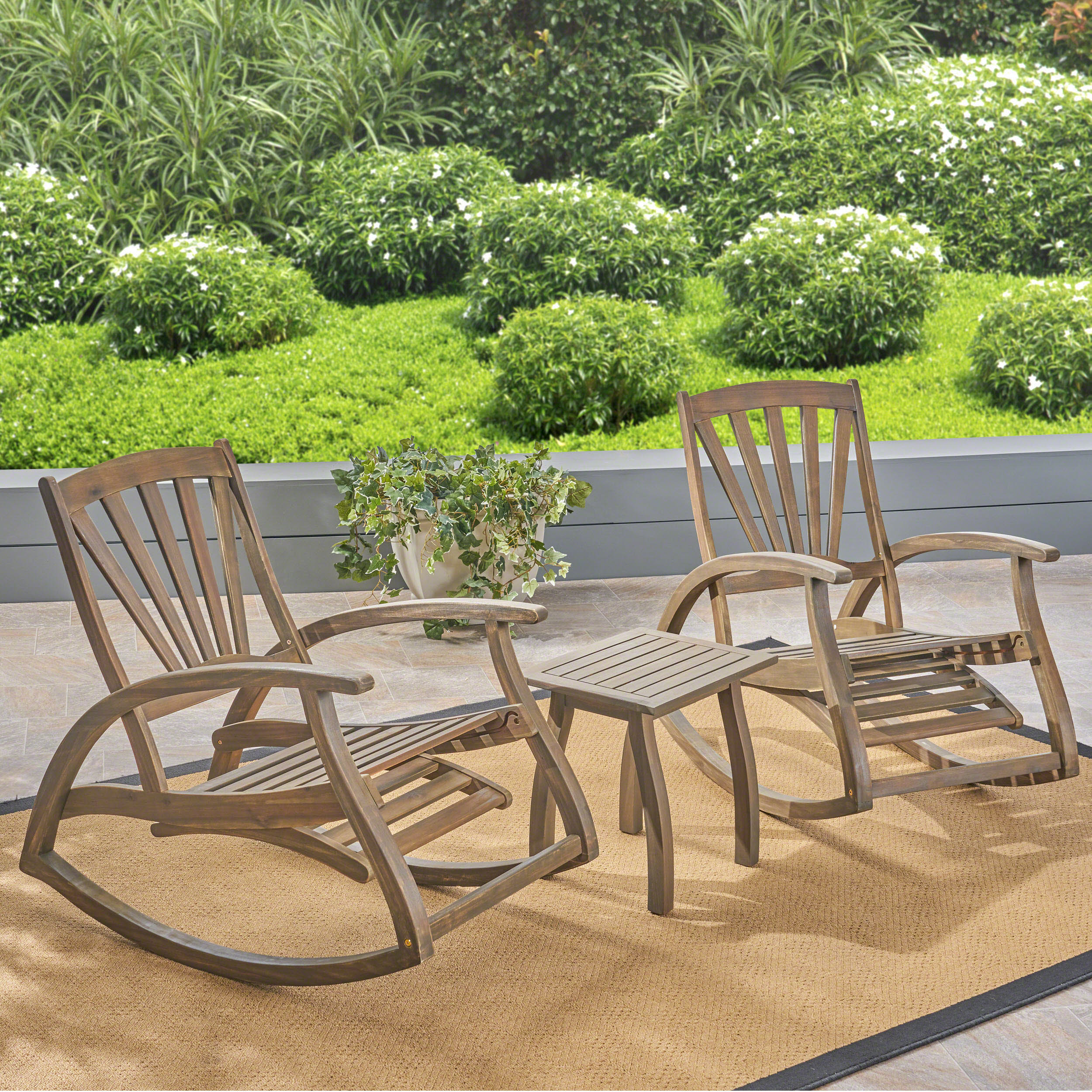 Sunview Outdoor Rustic Acacia Wood Recliner Rocking Chair with Side Table - furnishings