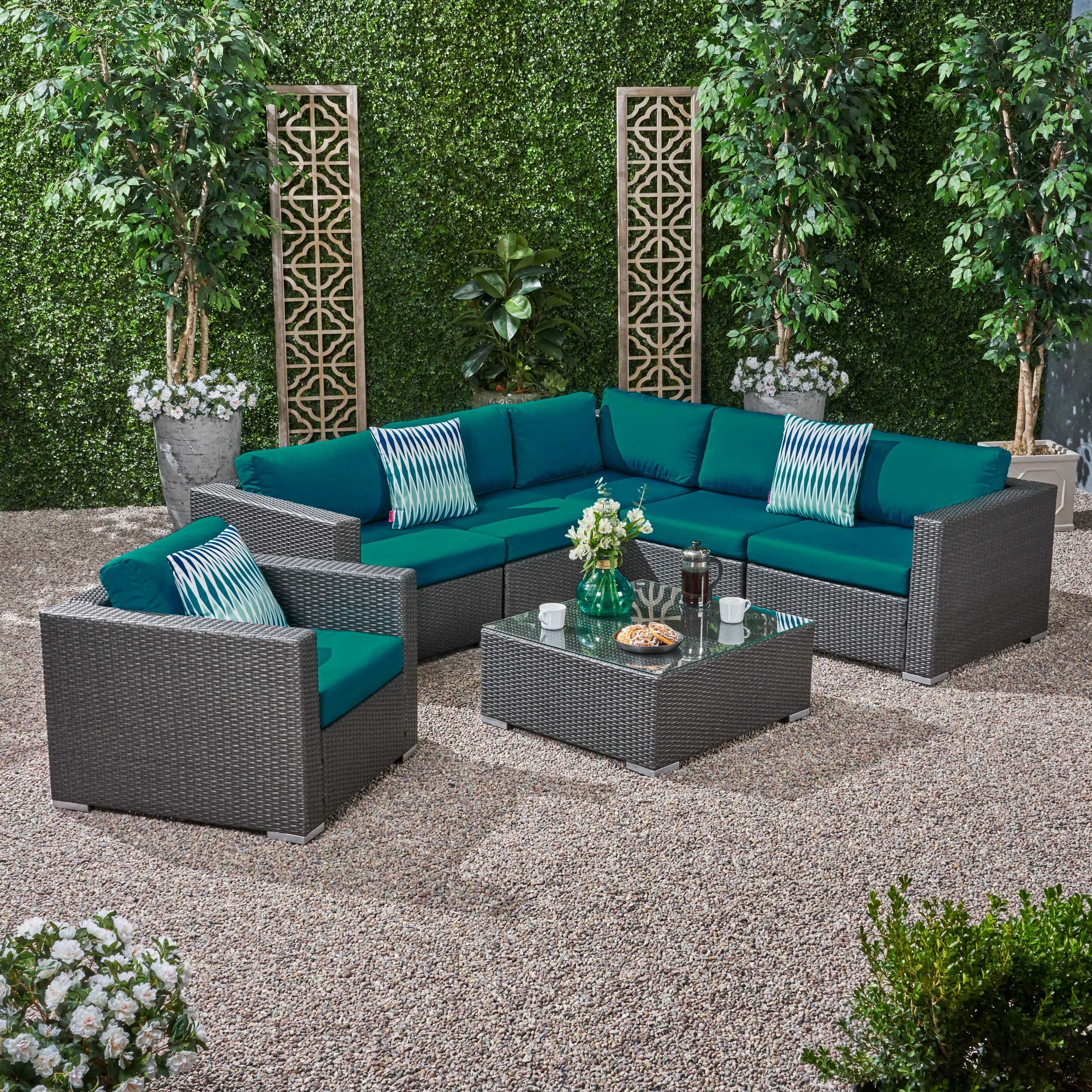 Kyra Outdoor 6 Seater Wicker Sectional Sofa Set with Sunbrella Cushions - furnishings