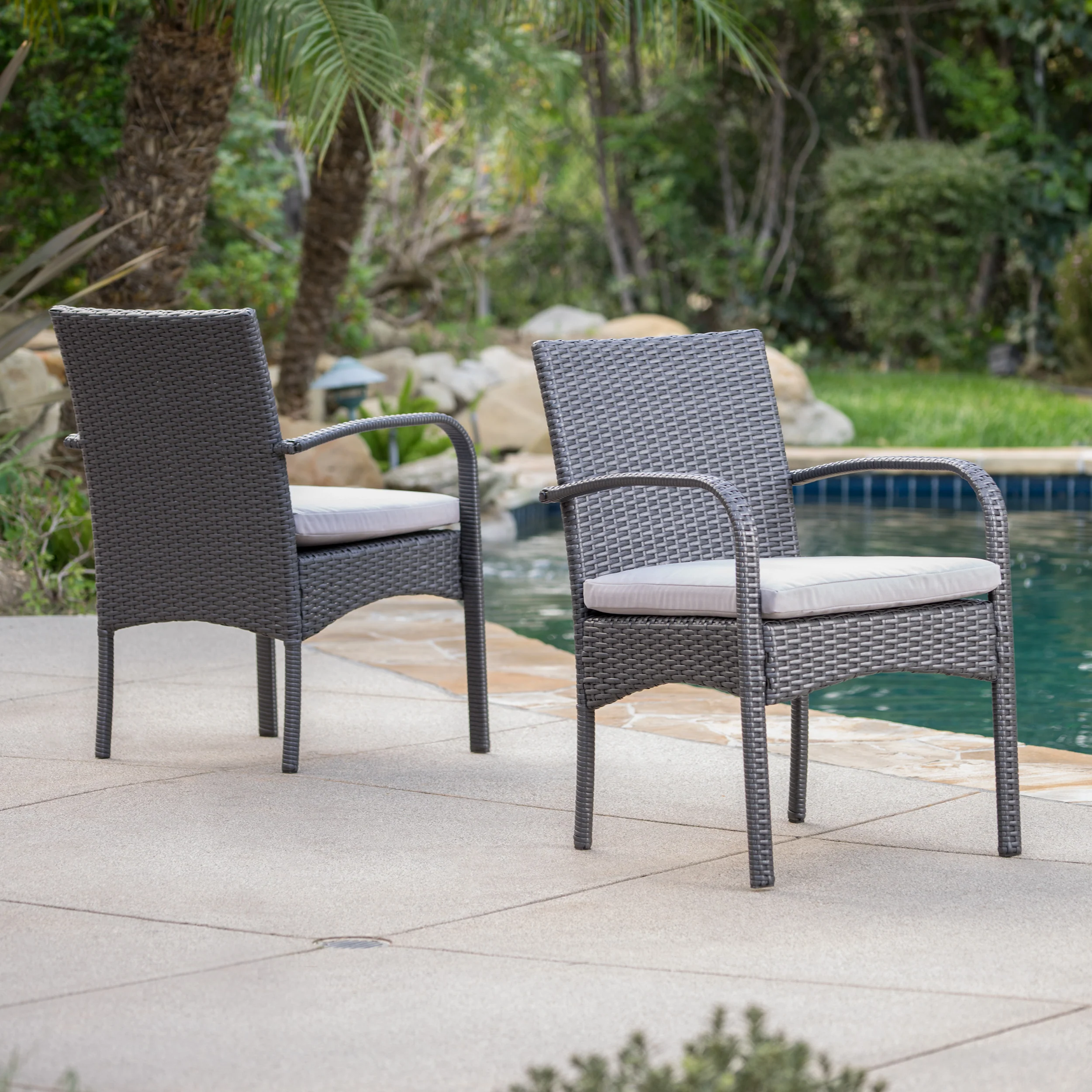El Capitan Outdoor Grey Wicker Dining Chairs with Cushions (Set of 2) - furnishings