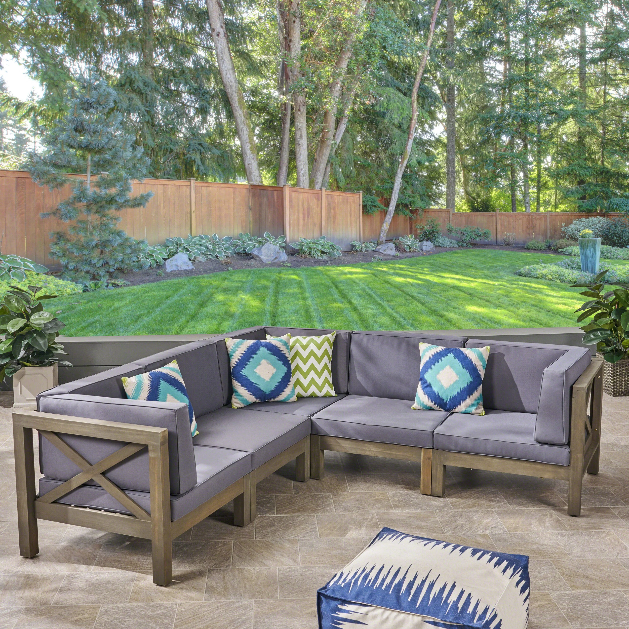 Keith Outdoor Acacia Wood 5 Seater Sectional Sofa Set with Water-Resistant Cushions - furnishings