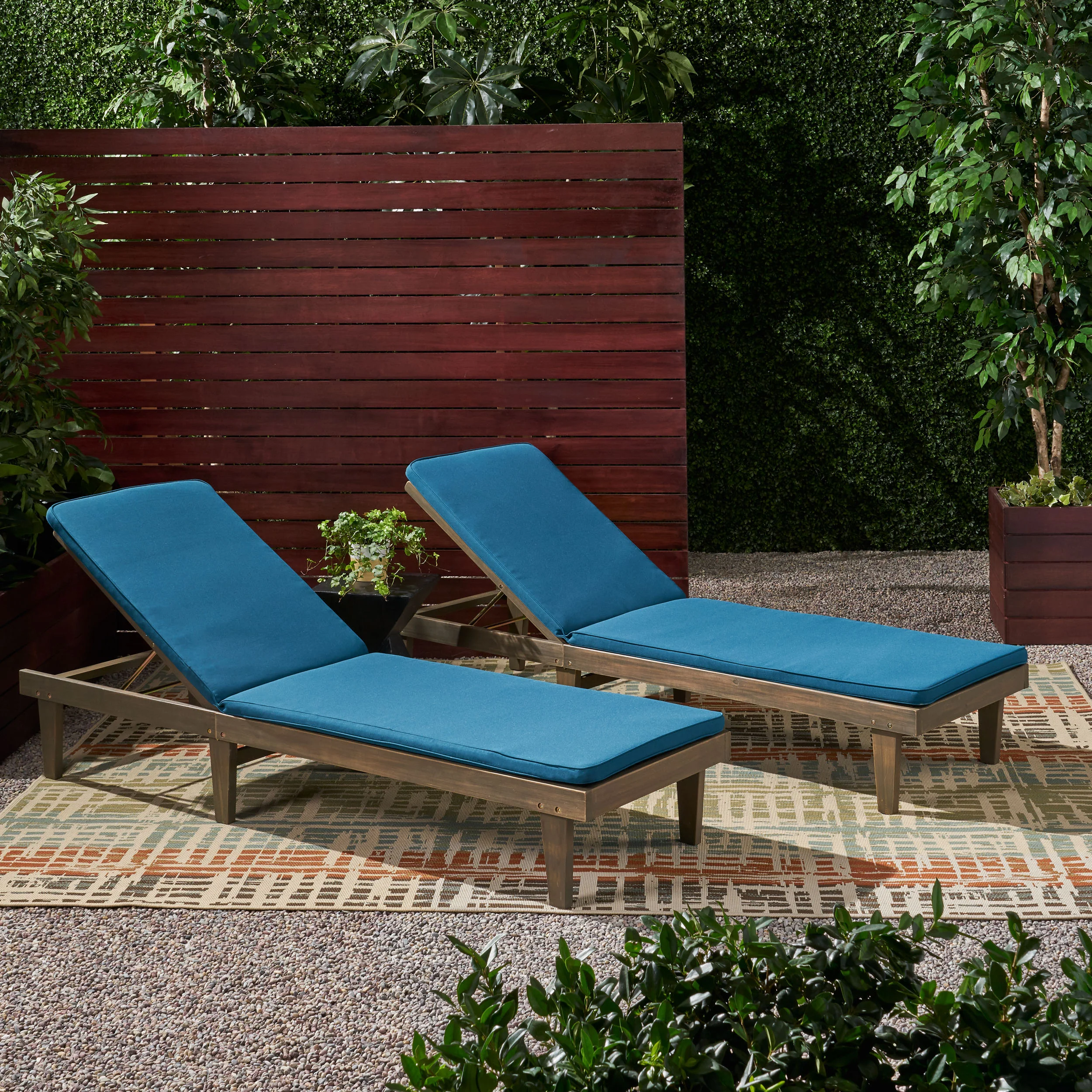 Nadine Outdoor Modern Acacia Wood Chaise Lounge with Cushion (Set of 2) - furnishings