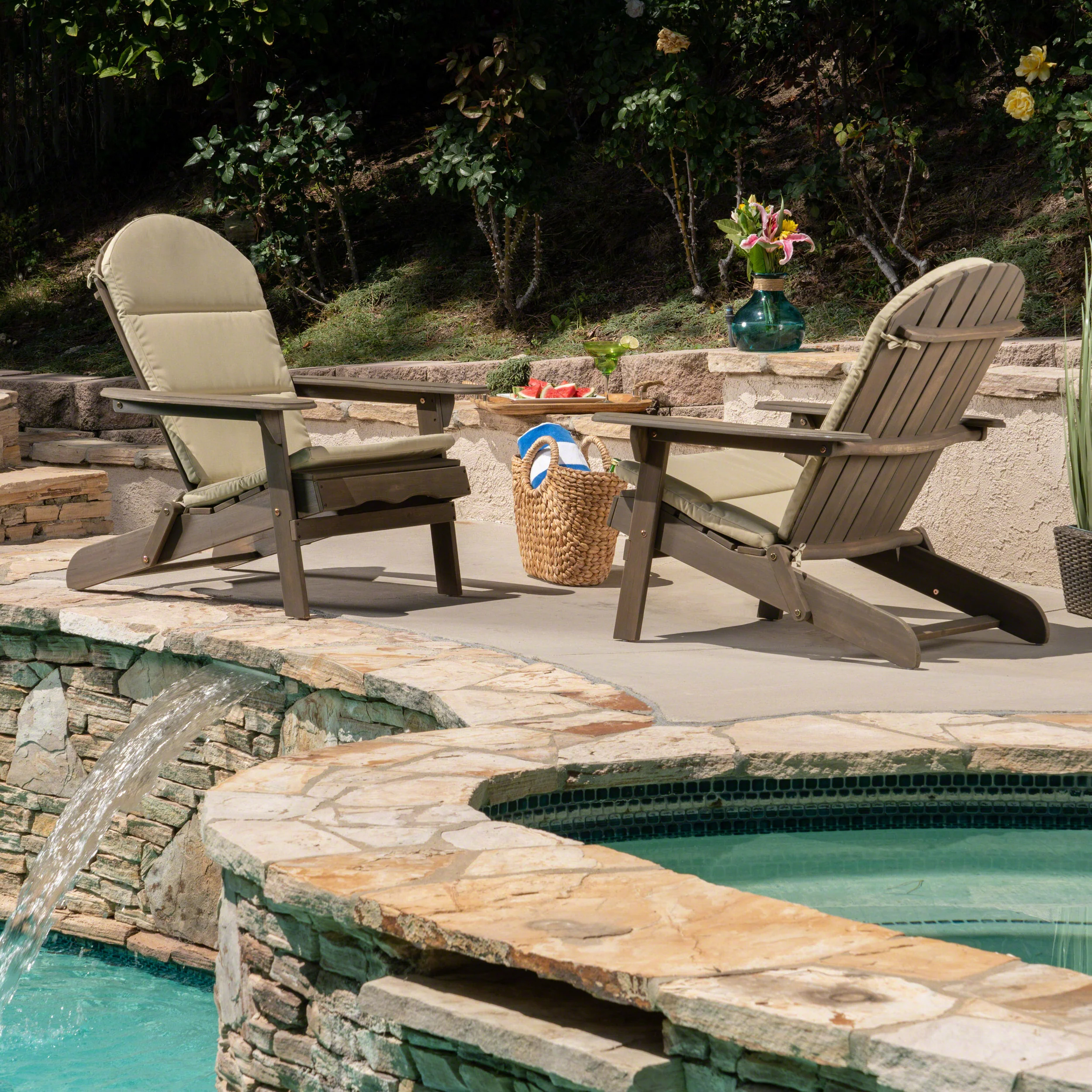 Amenda Outdoor Acacia Wood Folding Adirondack Chairs with Cushions - furnishings