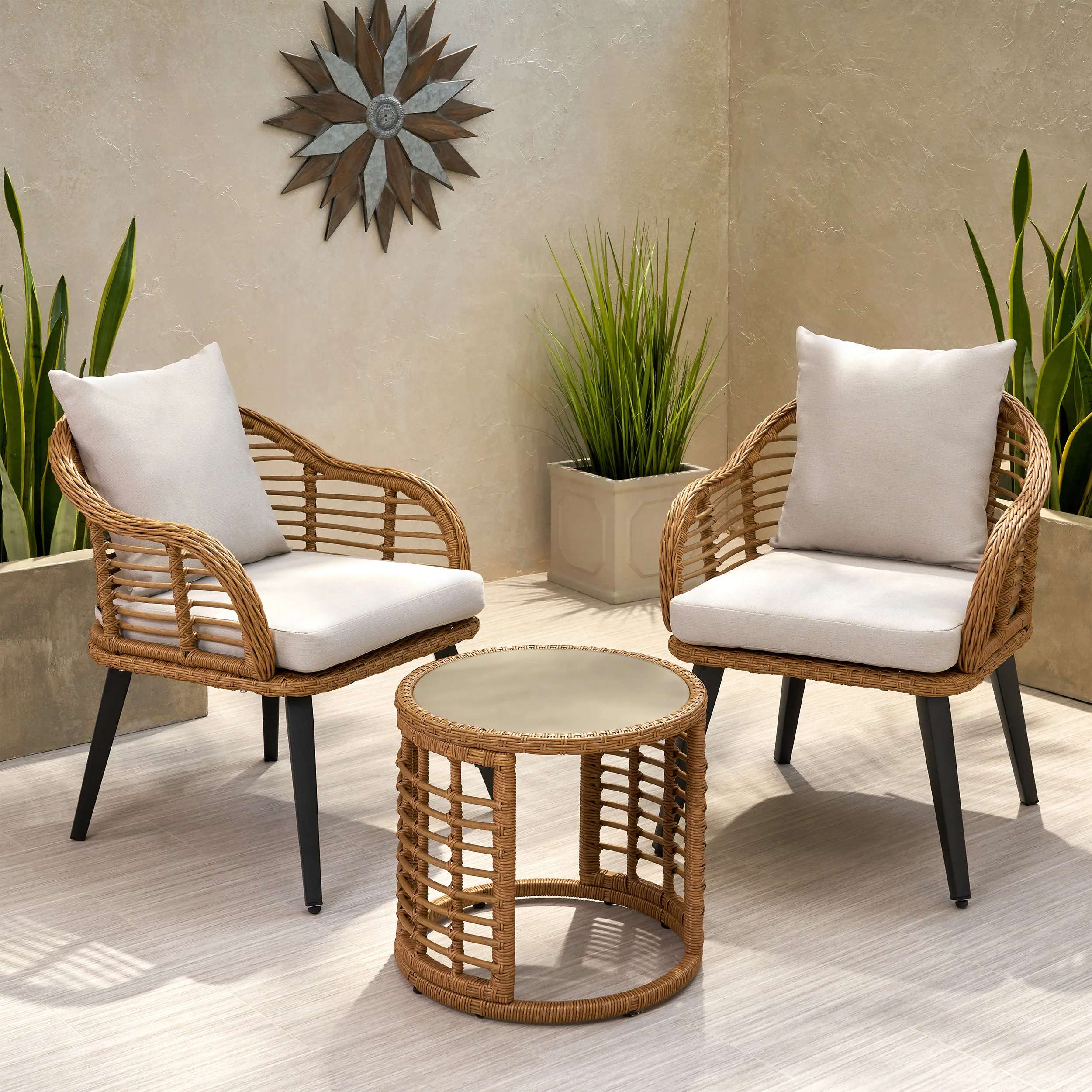 Evvy Outdoor Modern Boho 2 Seater Wicker Chat Set with Side Table - furnishings