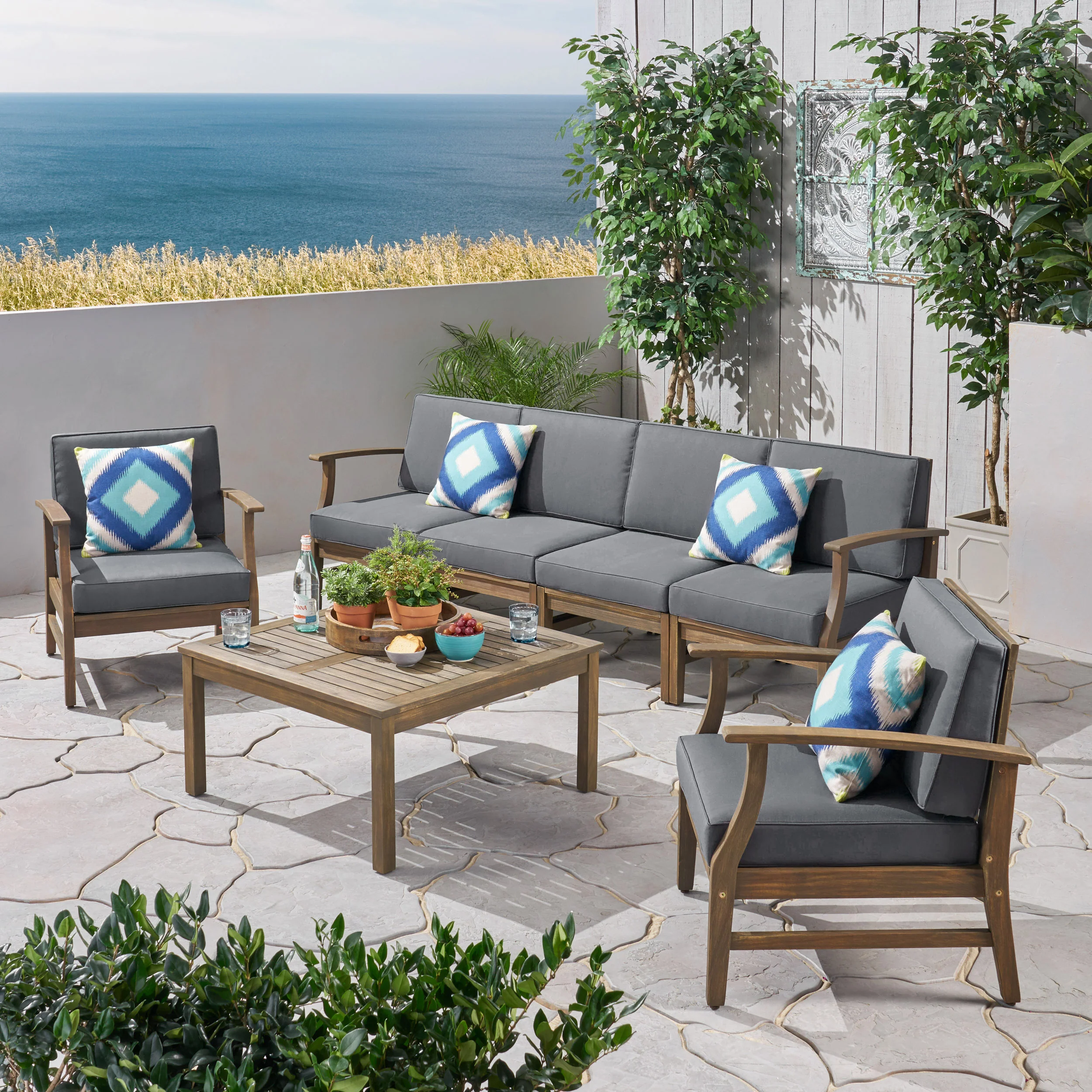 Lorelei Outdoor 7 Piece Acacia Wood 4-Seater Sofa and Club Chairs Set - furnishings