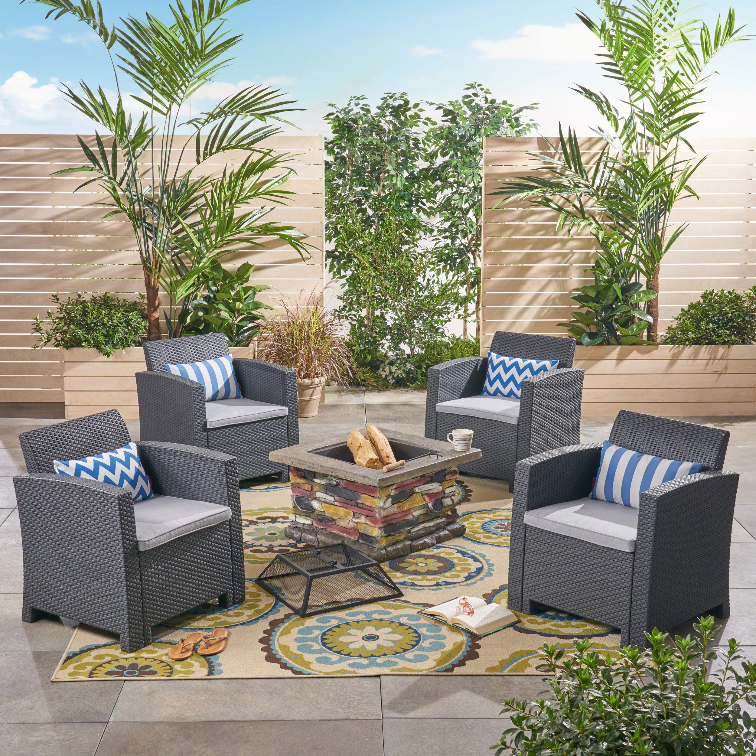 Rohirrim Outdoor 4-Seater Wicker Print Chat Set with Wood Burning Fire Pit - furnishings