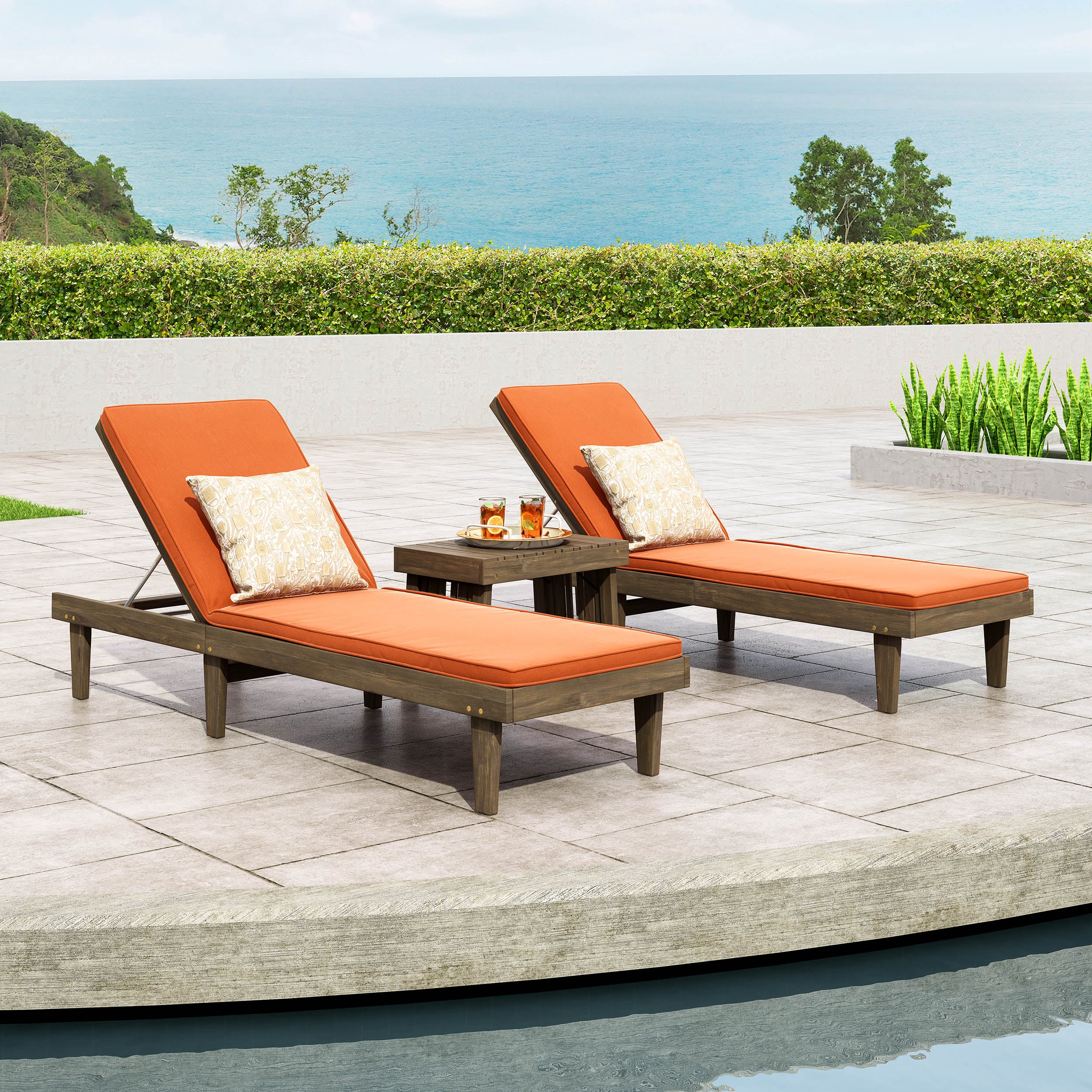 Addisyn Outdoor Acacia Wood 3 Piece Chaise Lounge Set with Water-Resistant Cushions - furnishings
