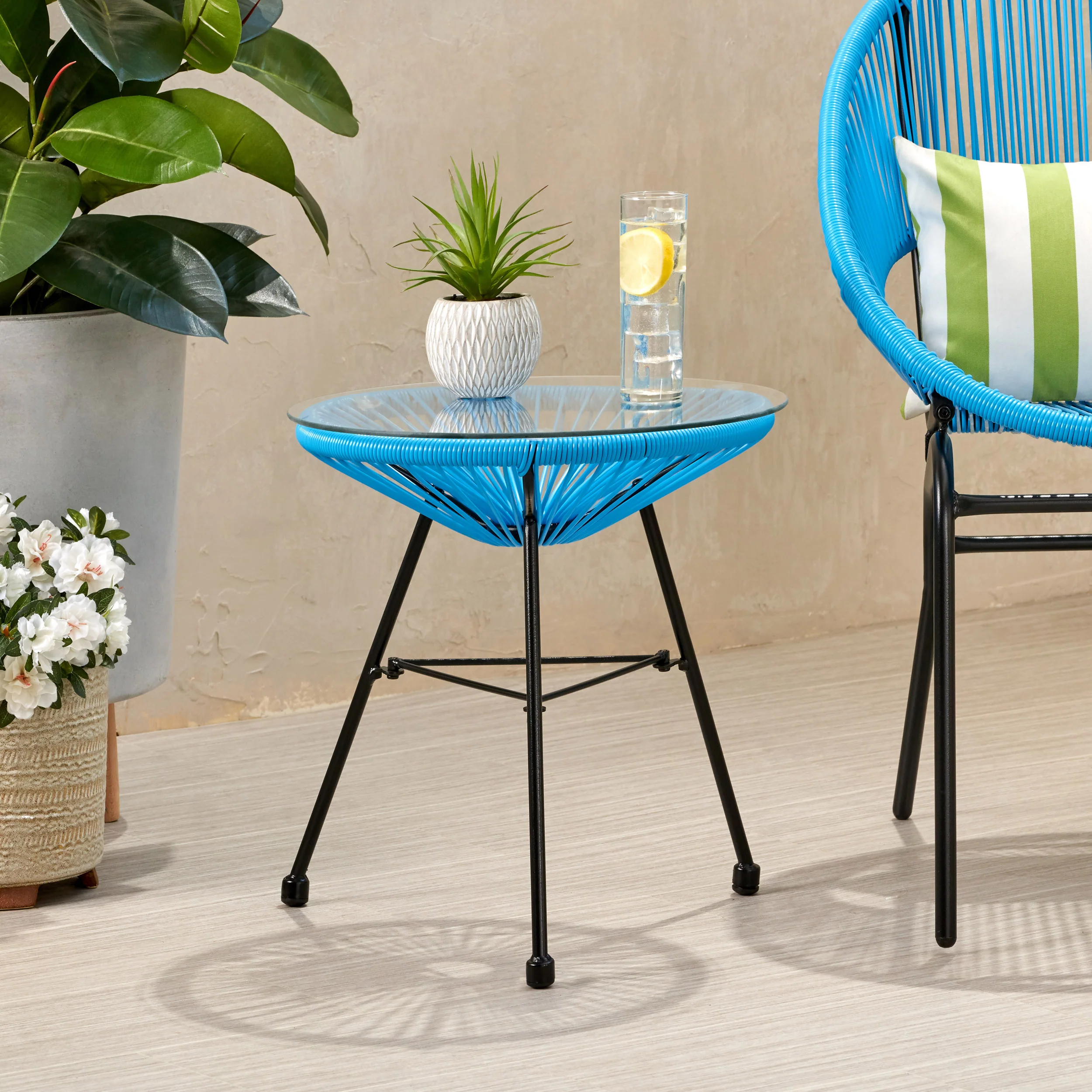 Chrissy Outdoor Modern Faux Rattan Side Table with Tempered Glass Top - furnishings