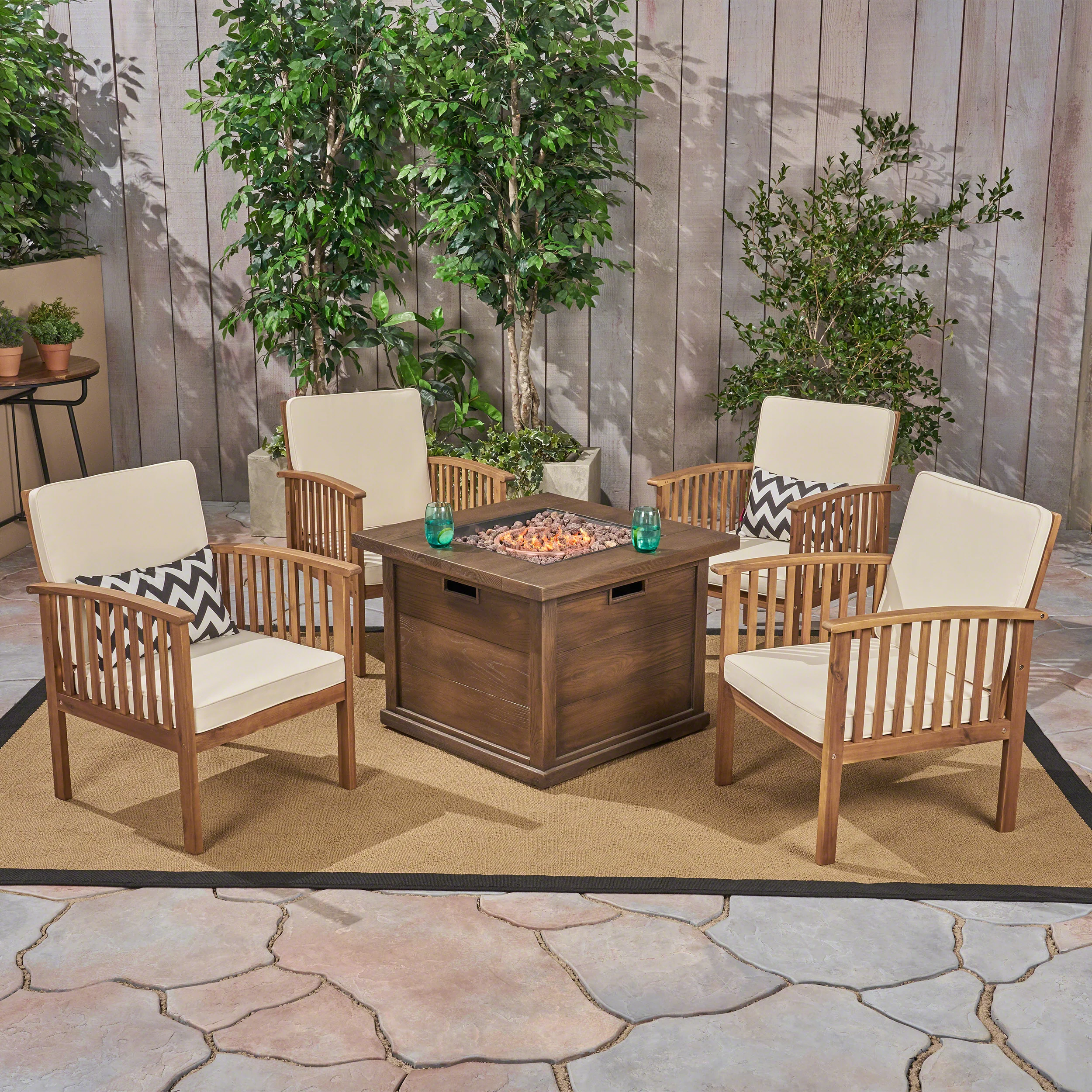 Cape Outdoor 4-Seater Acacia Wood Club Chairs with Firepit - furnishings