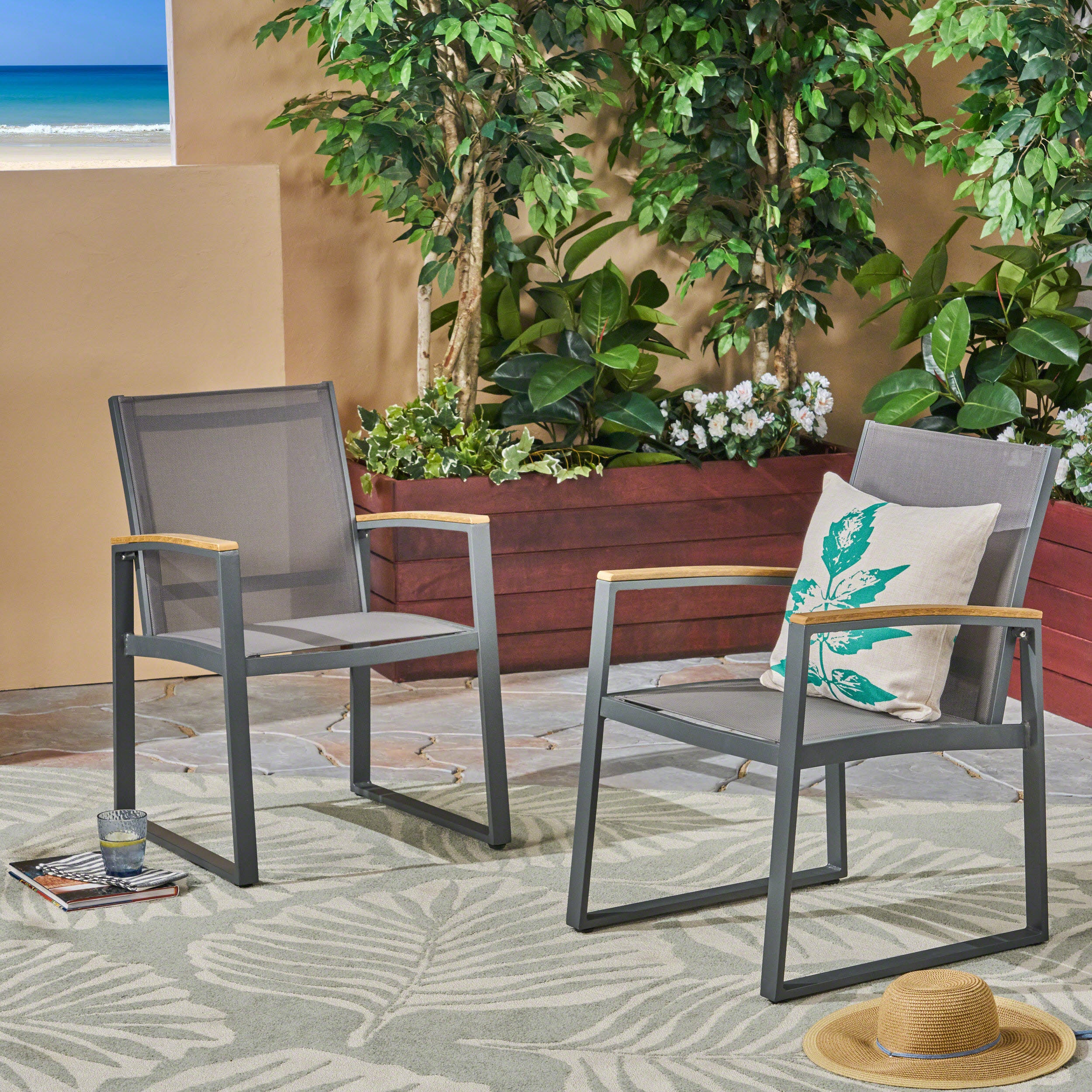 Aubrey Outdoor Aluminum Dining Chairs with Faux Wood Accents - furnishings