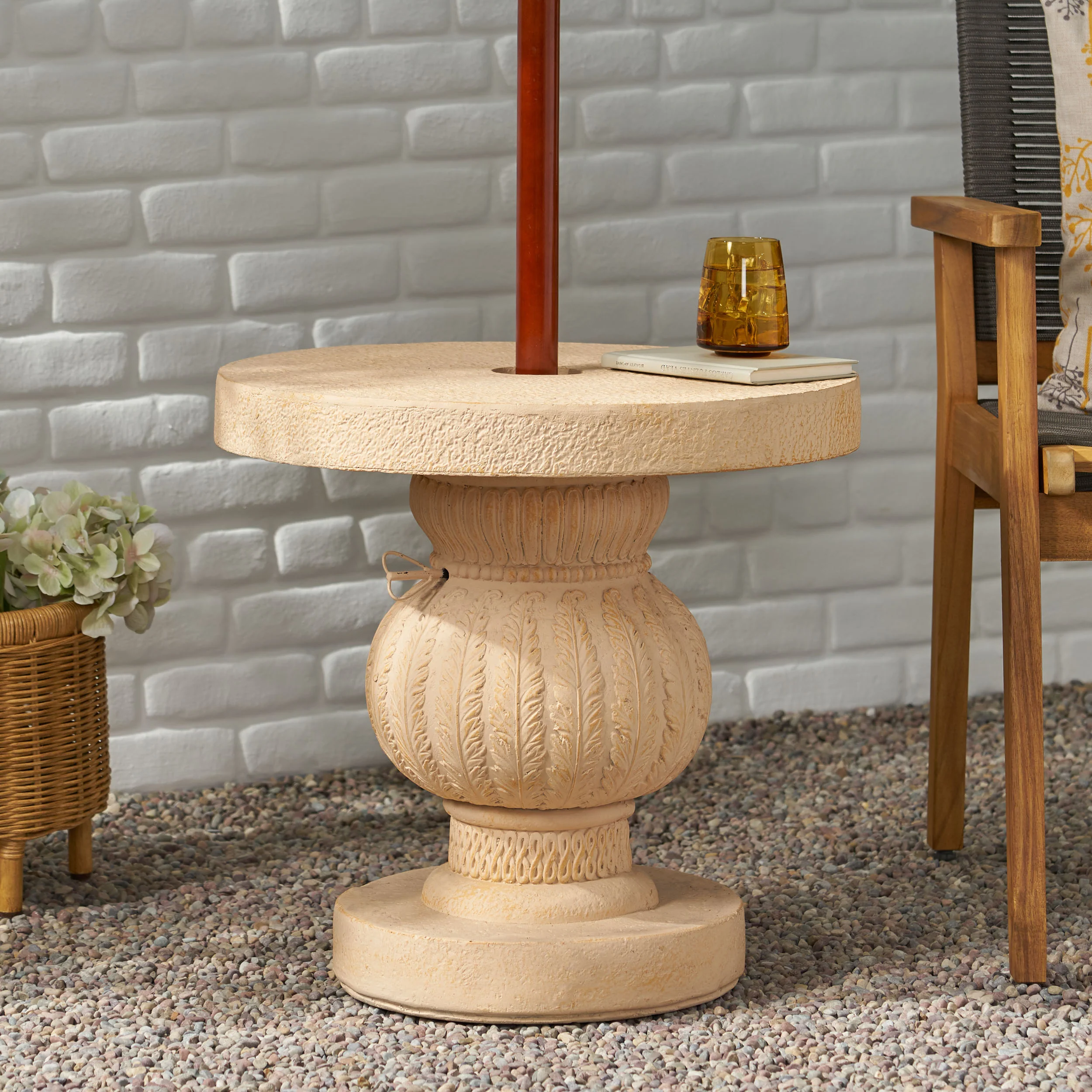Speakes Outdoor Cast Stone Umbrella Holder Side Table - furnishings