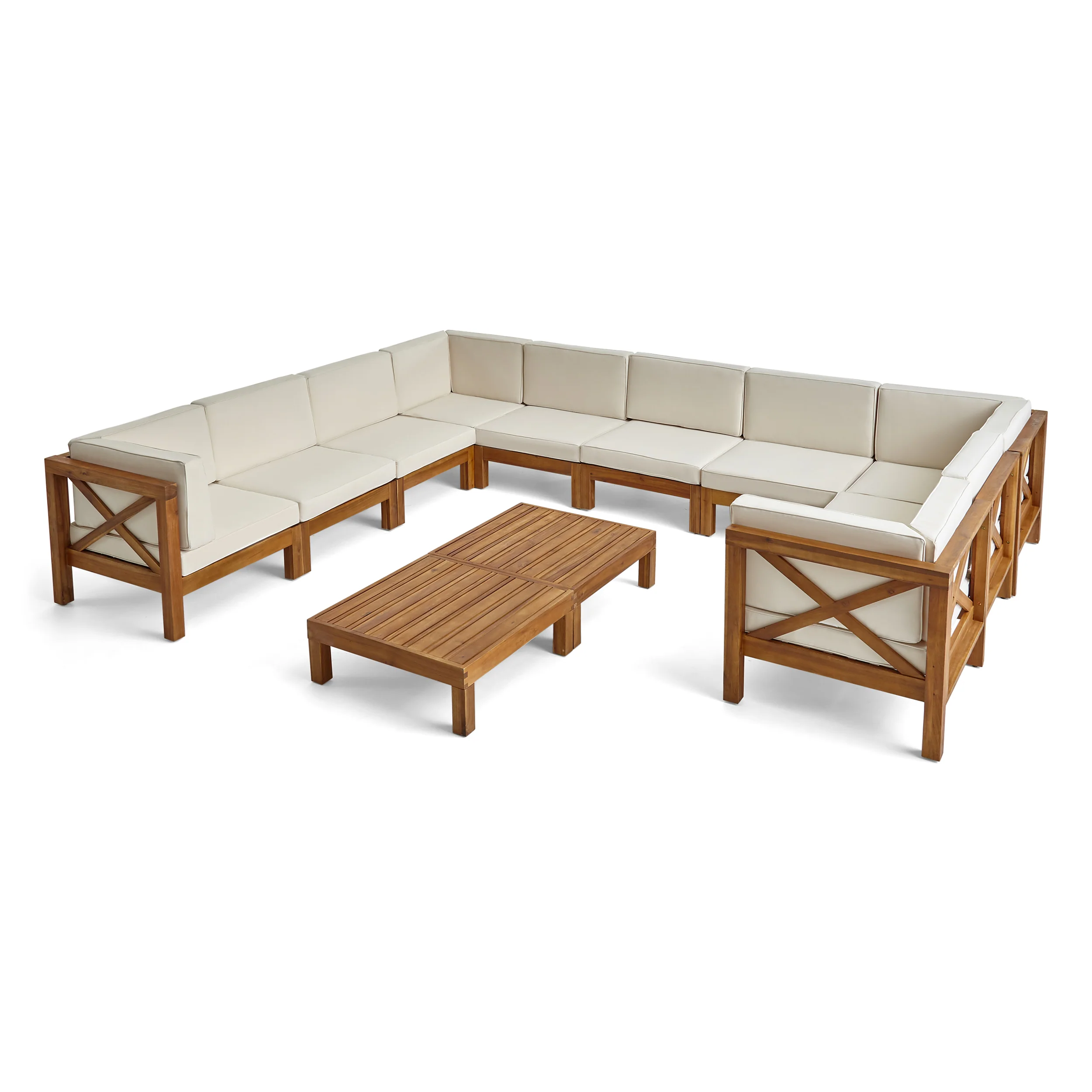 Cynthia Outdoor Acacia Wood 10 Seater U-Shaped Sectional Sofa Set with Two Coffee Tables - furnishings