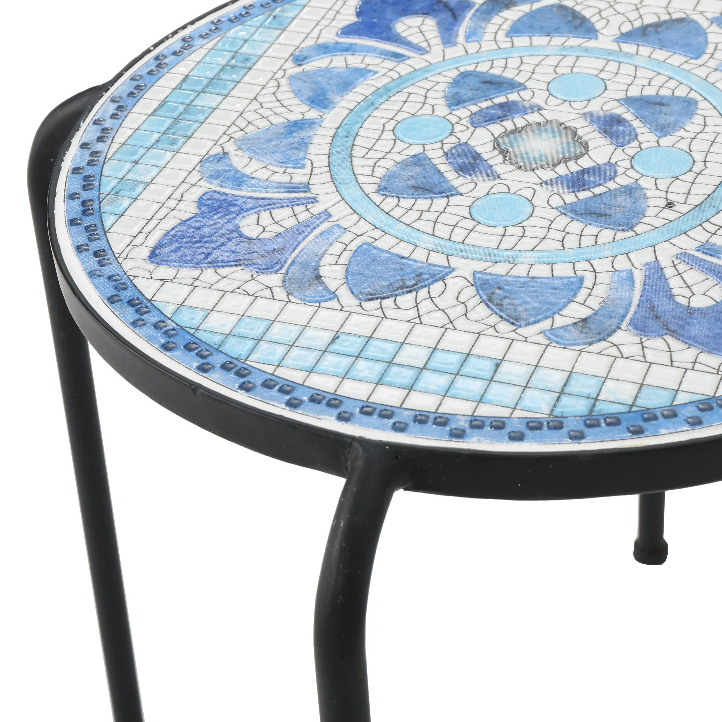 Sindarin Outdoor Blue & White Ceramic Tile Iron Frame Side Table - furnishings