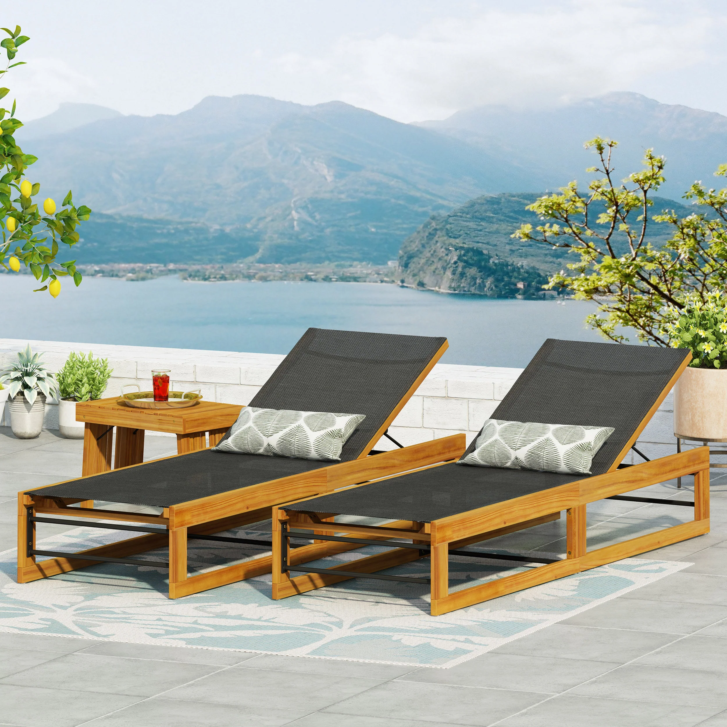 Leavitt Outdoor Mesh and Wood Adjustable Chaise Lounges, Set of 2, Black and Teak - furnishings