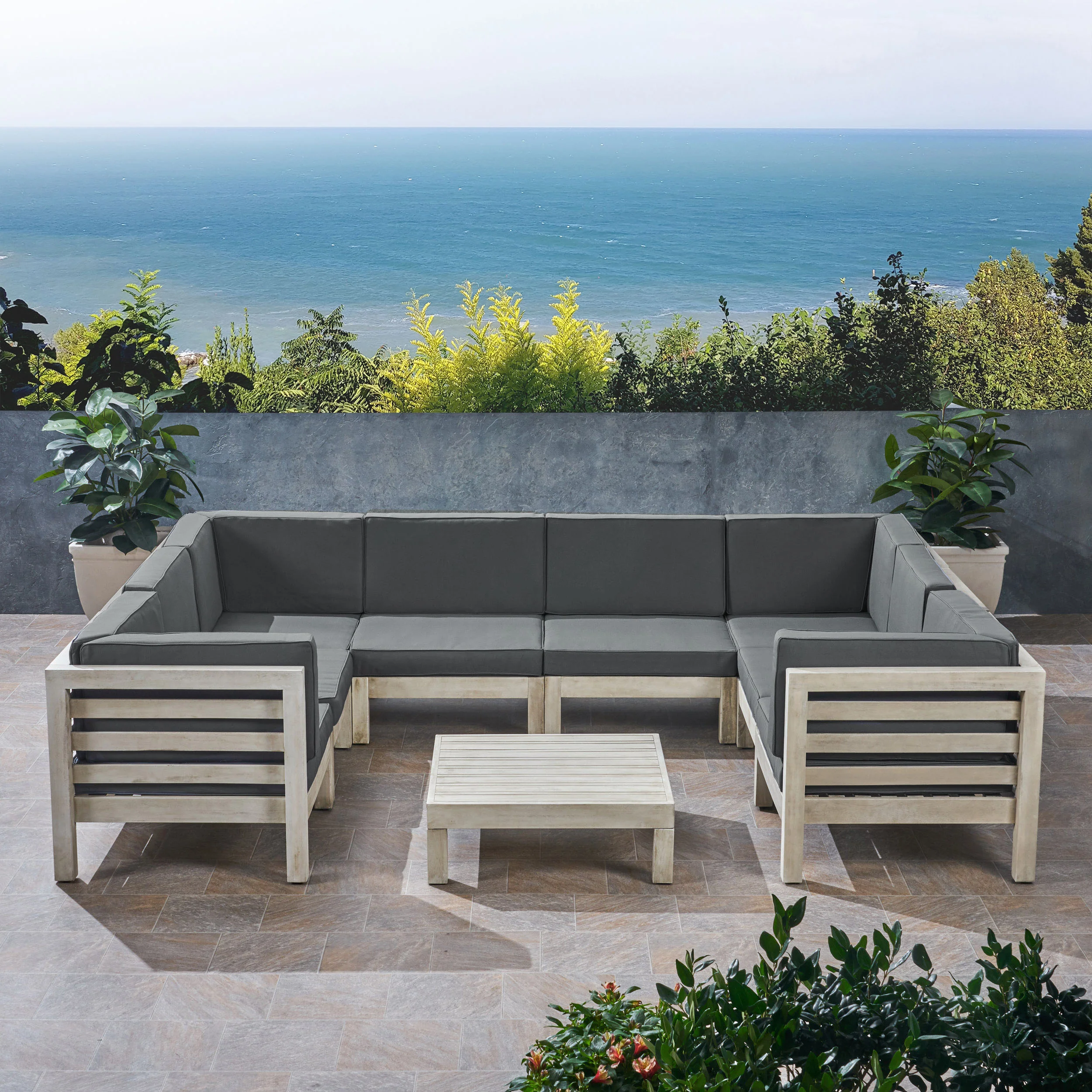 Dawson Outdoor U-Shaped Sectional Sofa Set with Coffee Table - 9-Piece 8-Seater - Acacia Wood - Outdoor Cushions - furnishings
